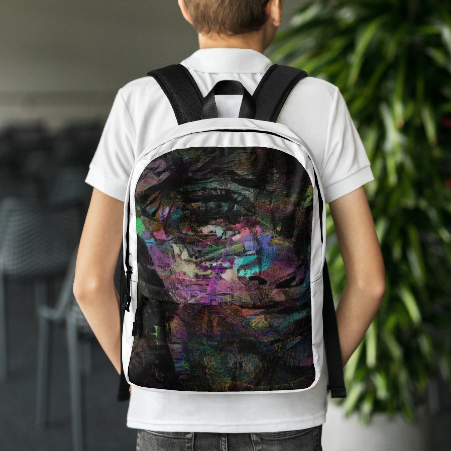 Hipyfi Chromatic Dreams Art Backpack: Vibrant abstract unisex laptop bag with water-resistant purple, blue, and orange design. back