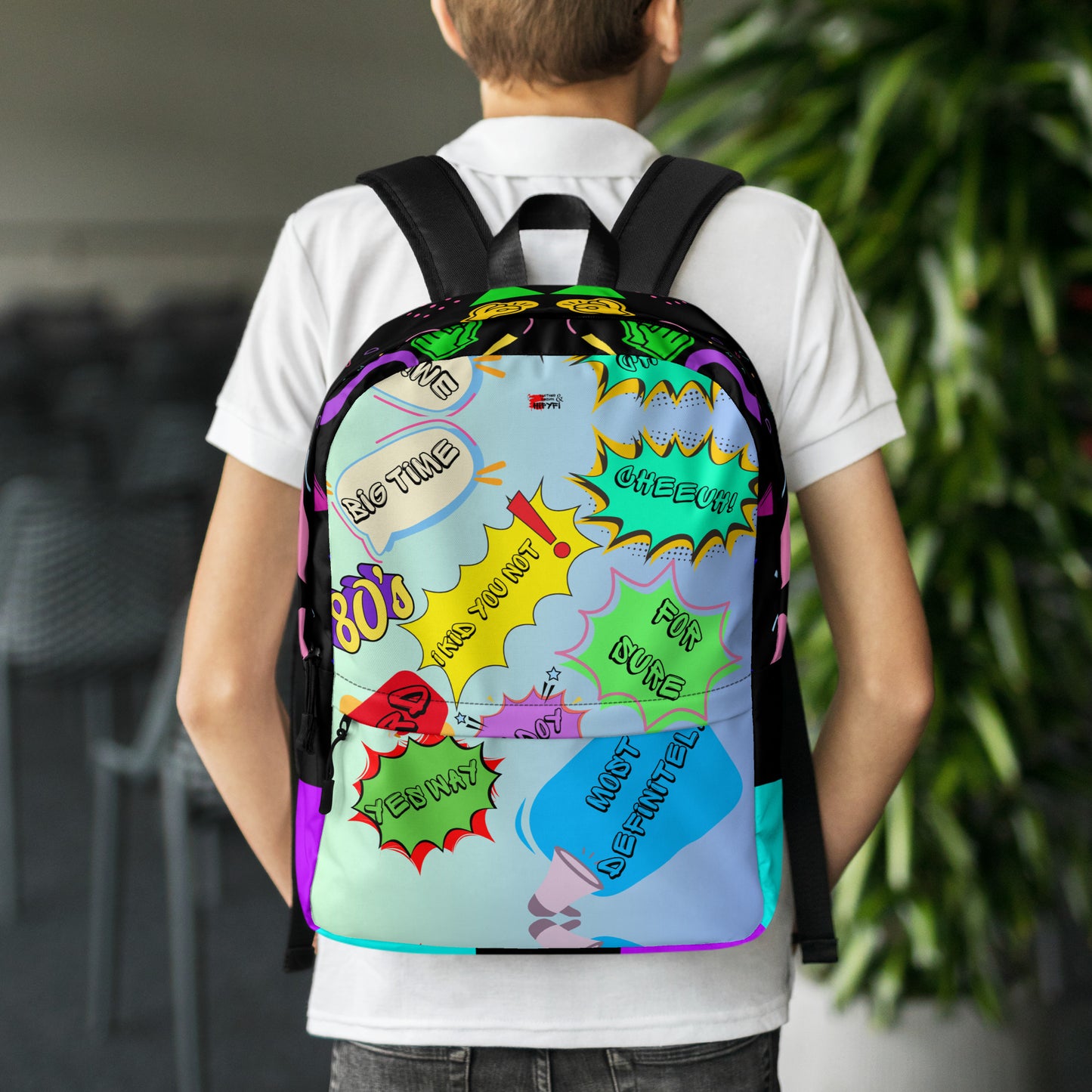 Hipyfi Retro 80s Comic Burst Backpack featuring vintage pop art design and colorful comic-style graphics Back