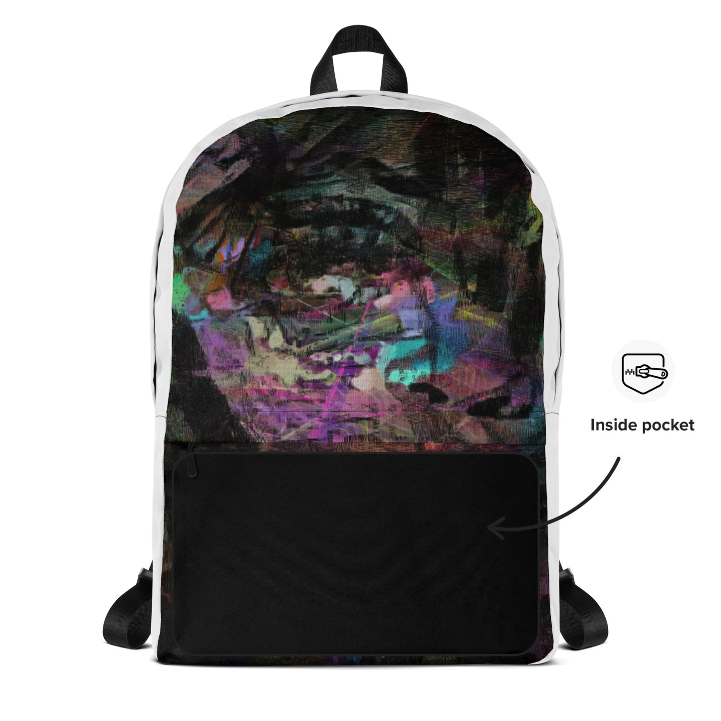 Hipyfi Chromatic Dreams Art Backpack: Vibrant abstract unisex laptop bag with water-resistant purple, blue, and orange design. front-info