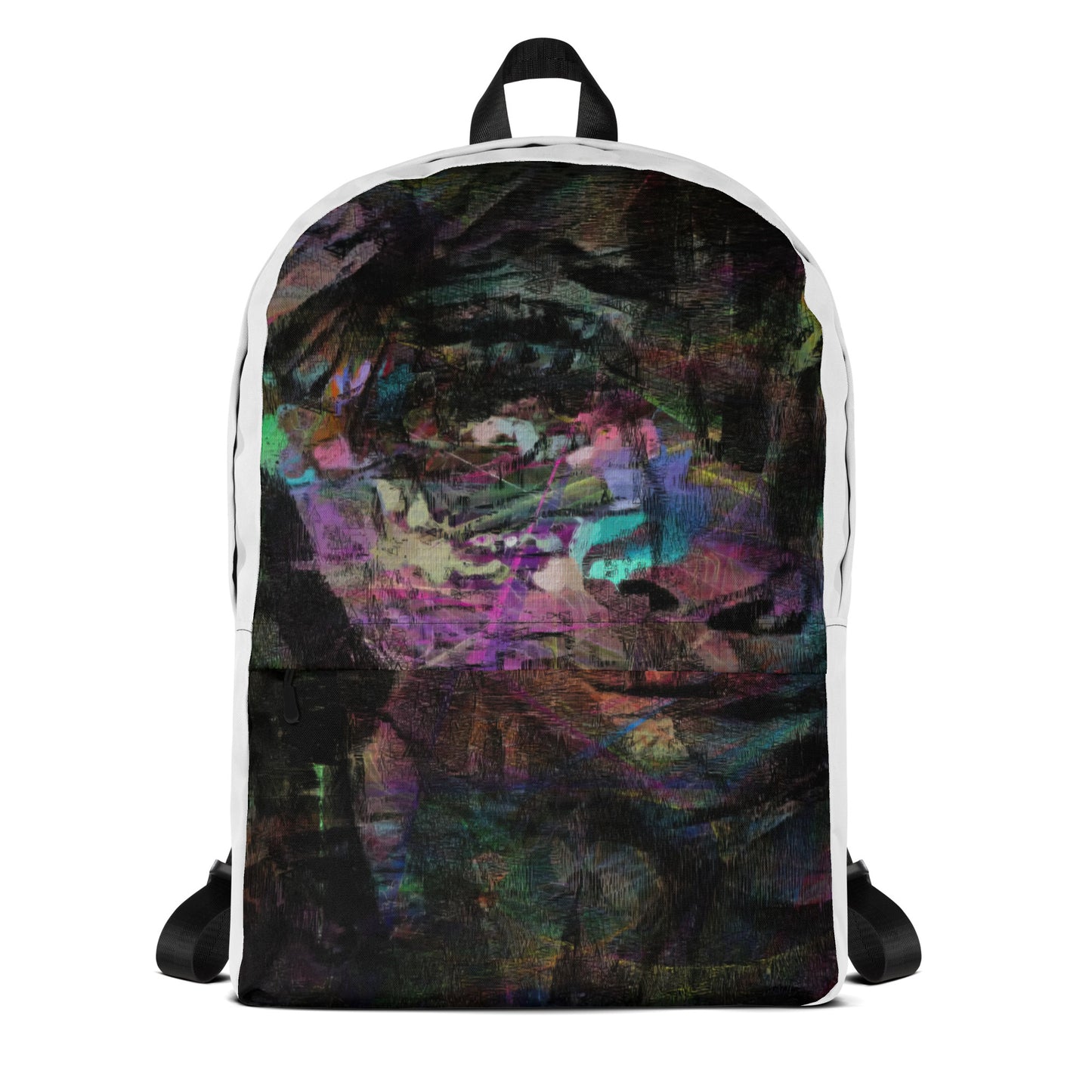 Hipyfi Chromatic Dreams Art Backpack: Vibrant abstract unisex laptop bag with water-resistant purple, blue, and orange design. bag-front