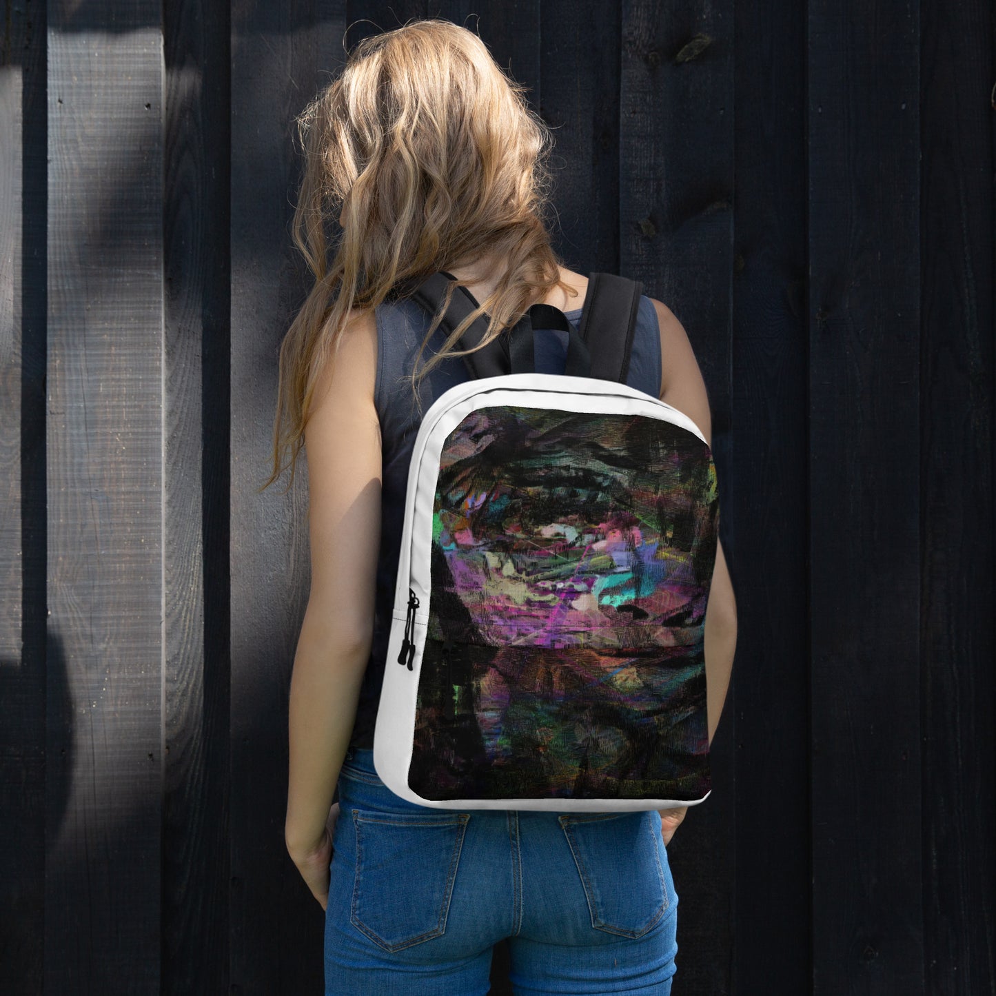 Hipyfi Chromatic Dreams Art Backpack: Vibrant abstract unisex laptop bag with water-resistant purple, blue, and orange design. girl-front