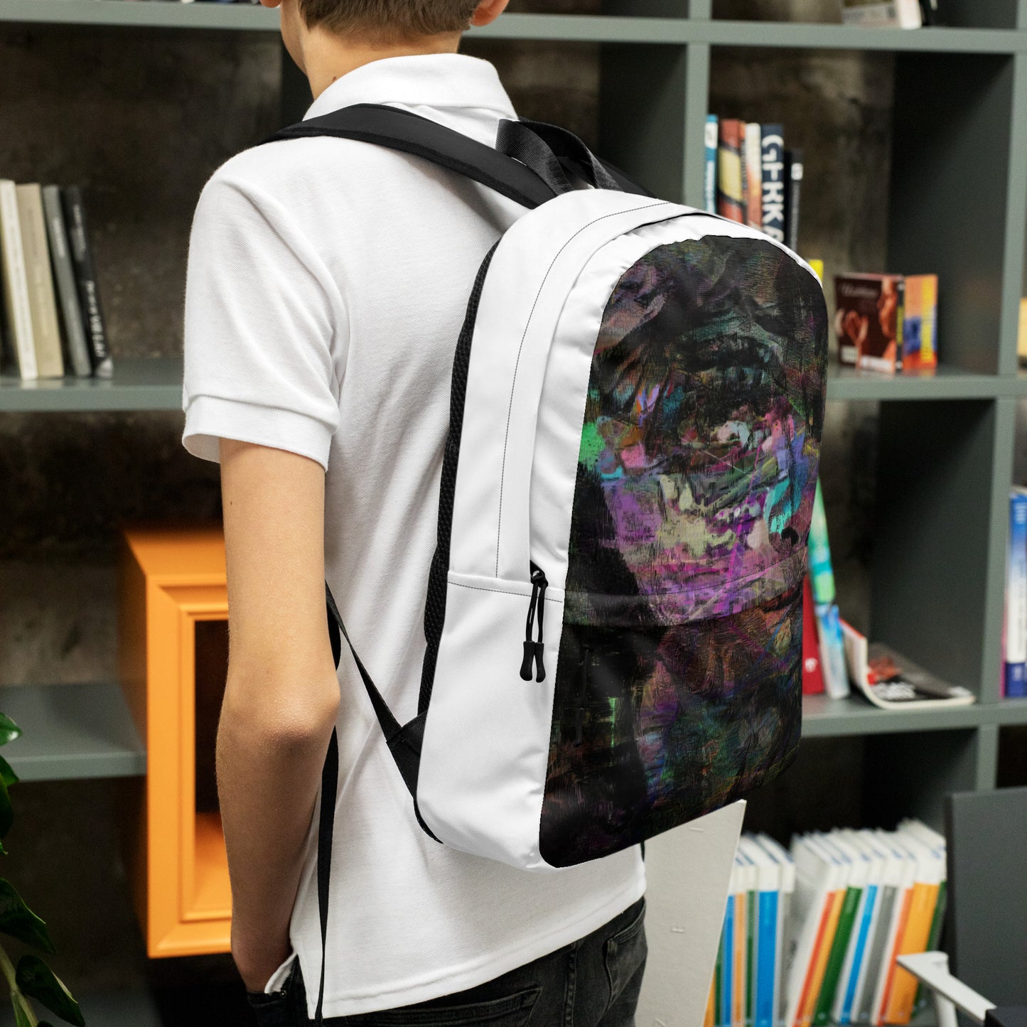 Hipyfi Chromatic Dreams Art Backpack: Vibrant abstract unisex laptop bag with water-resistant purple, blue, and orange design. left-2
