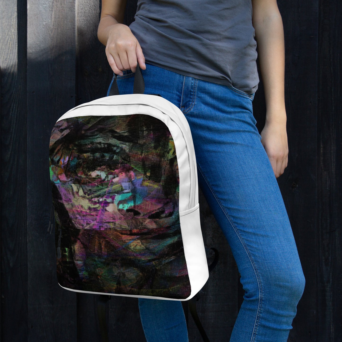 Hipyfi Chromatic Dreams Art Backpack: Vibrant abstract unisex laptop bag with water-resistant purple, blue, and orange design. girl-front-2