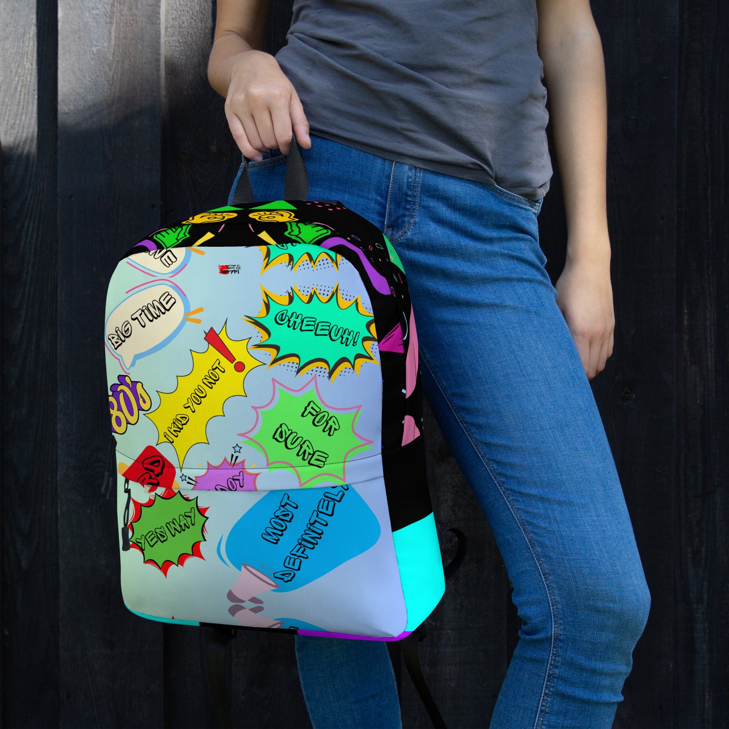 Hipyfi Retro 80s Comic Burst Backpack featuring vintage pop art design and colorful comic-style graphics Left