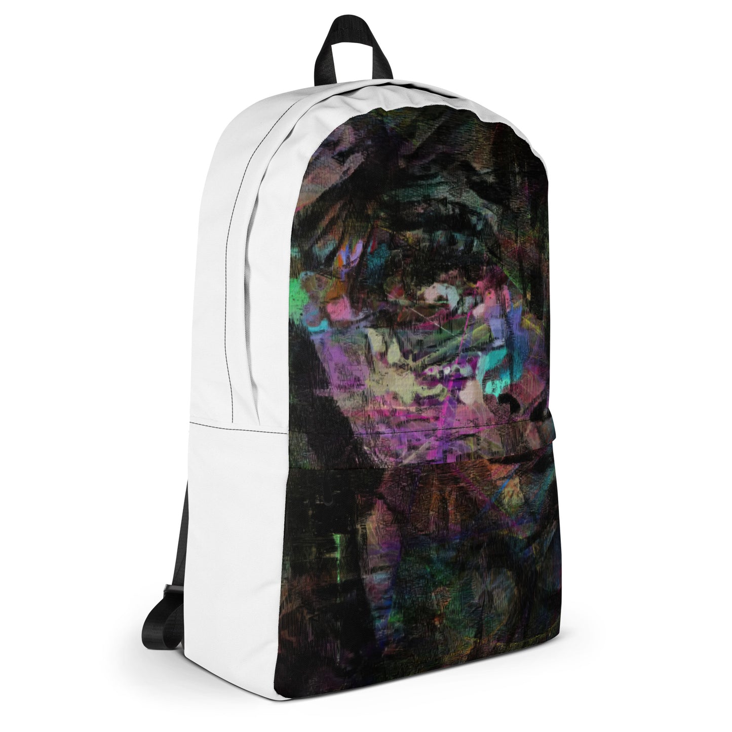 Hipyfi Chromatic Dreams Art Backpack: Vibrant abstract unisex laptop bag with water-resistant purple, blue, and orange design. bag-right