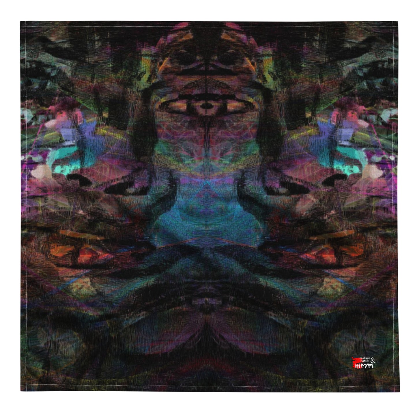 Hipyfi Chromatic Dreams Abstract Bandana: Vibrant layered brushstrokes on a unisex, eco-friendly recycled polyester accessory for festivals, daily wear, or pets. L-front