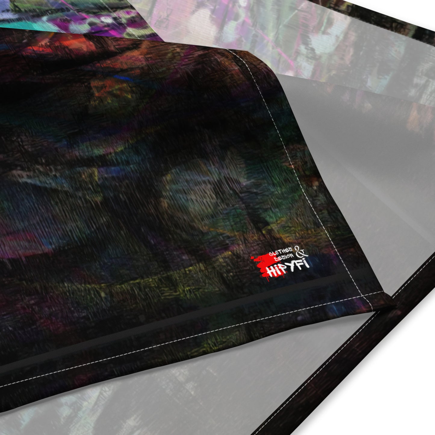 Hipyfi Chromatic Dreams Abstract Bandana: Vibrant layered brushstrokes on a unisex, eco-friendly recycled polyester accessory for festivals, daily wear, or pets. product-details