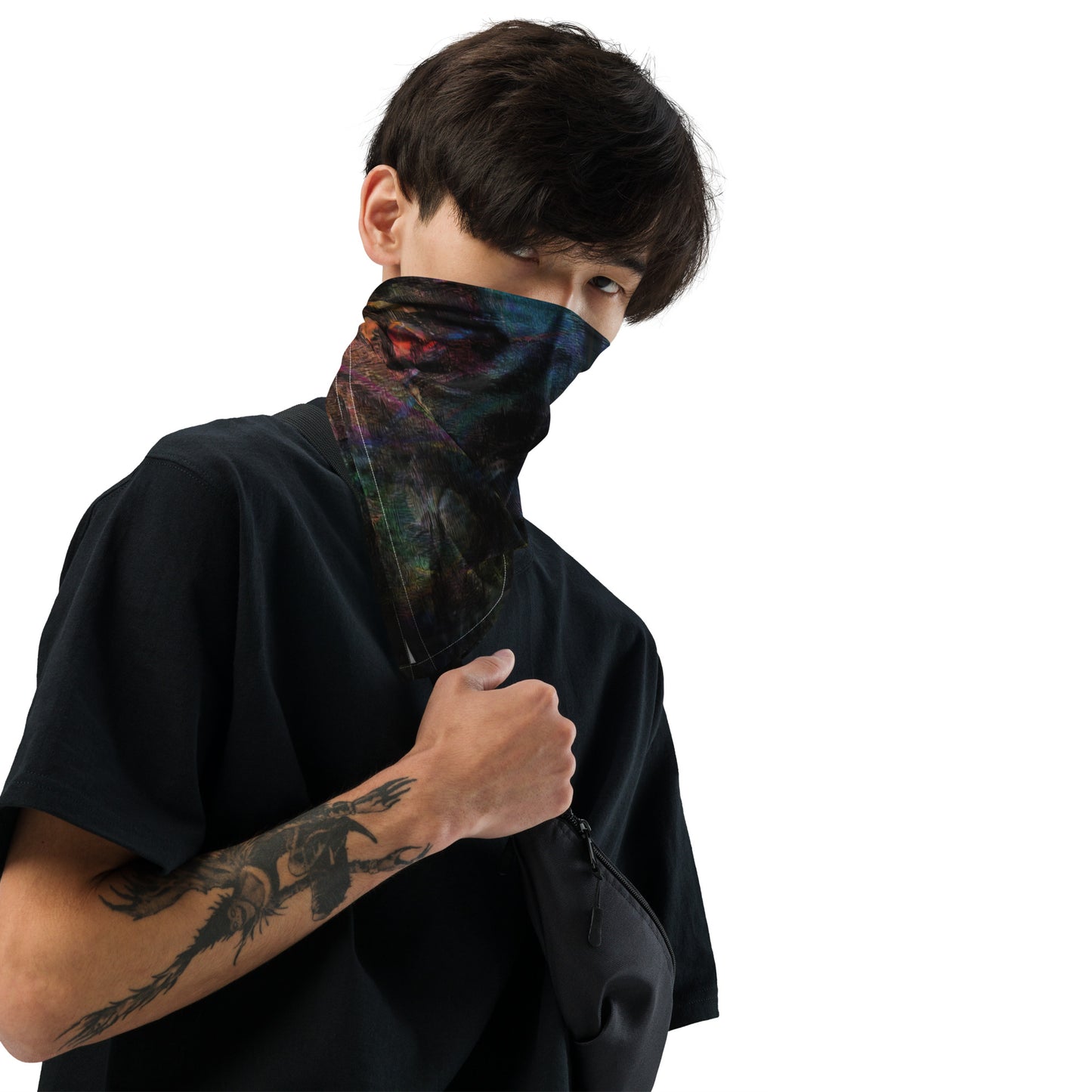 Hipyfi Chromatic Dreams Abstract Bandana: Vibrant layered brushstrokes on a unisex, eco-friendly recycled polyester accessory for festivals, daily wear, or pets. men front-2