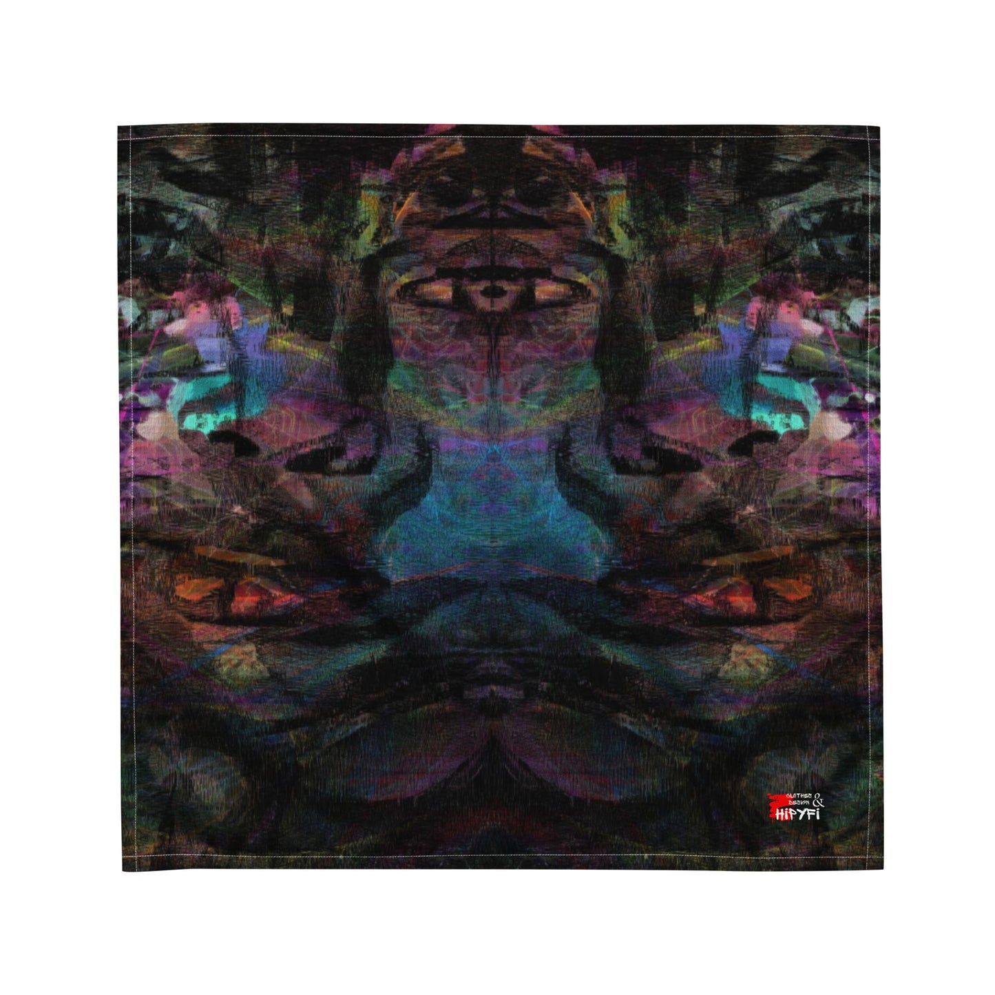 Hipyfi Chromatic Dreams Abstract Bandana: Vibrant layered brushstrokes on a unisex, eco-friendly recycled polyester accessory for festivals, daily wear, or pets. M-front