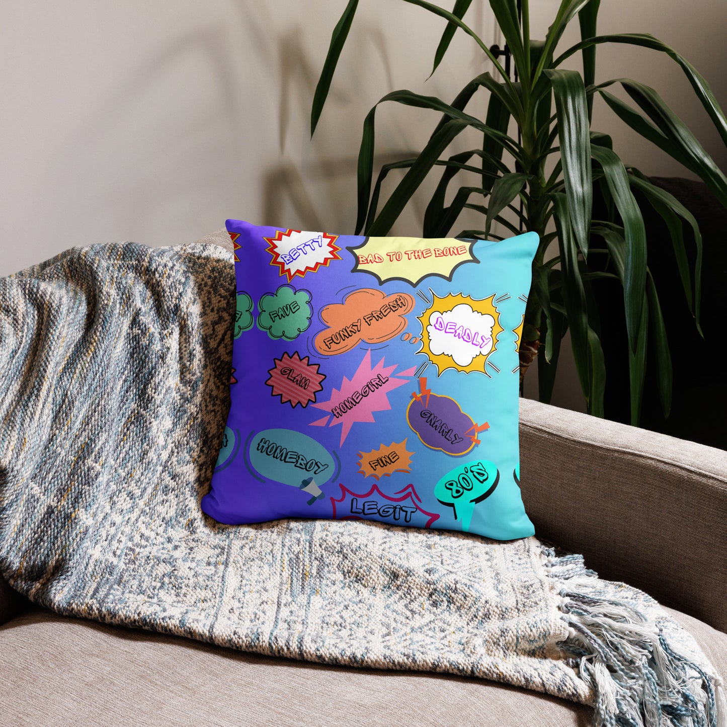 Retro 80s comic throw pillow with pop art slang design by Hipyfi Clothes & Design 18x18-front
