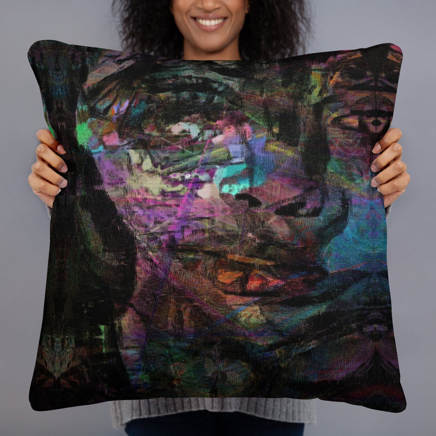 Vibrant abstract brushstroke pillow in bold colors, sustainable modern decor for any room. 22x22-front