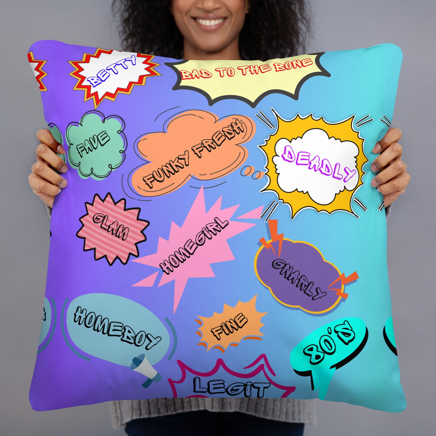 Retro 80s comic throw pillow with pop art slang design by Hipyfi Clothes & Design 22x22-front