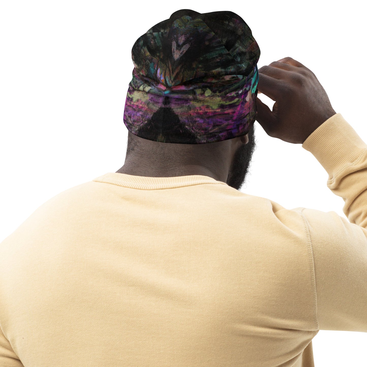 Double-layered beanie with vibrant abstract all-over print. Modern artistic winter hat by Hipyfi Clothes & Design. back