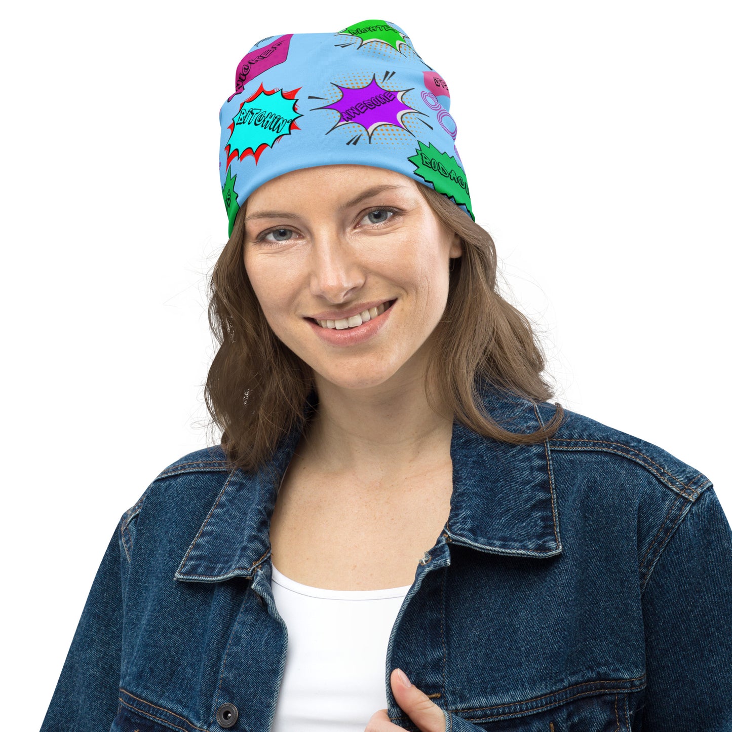 Vintage 80s pop art beanie with retro comic speech bubble design in neon colors by Hipyfi Clothes & Design Front-2