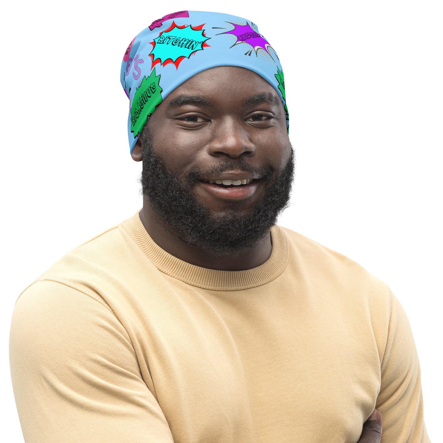 Vintage 80s pop art beanie with retro comic speech bubble design in neon colors by Hipyfi Clothes & Design Front-5