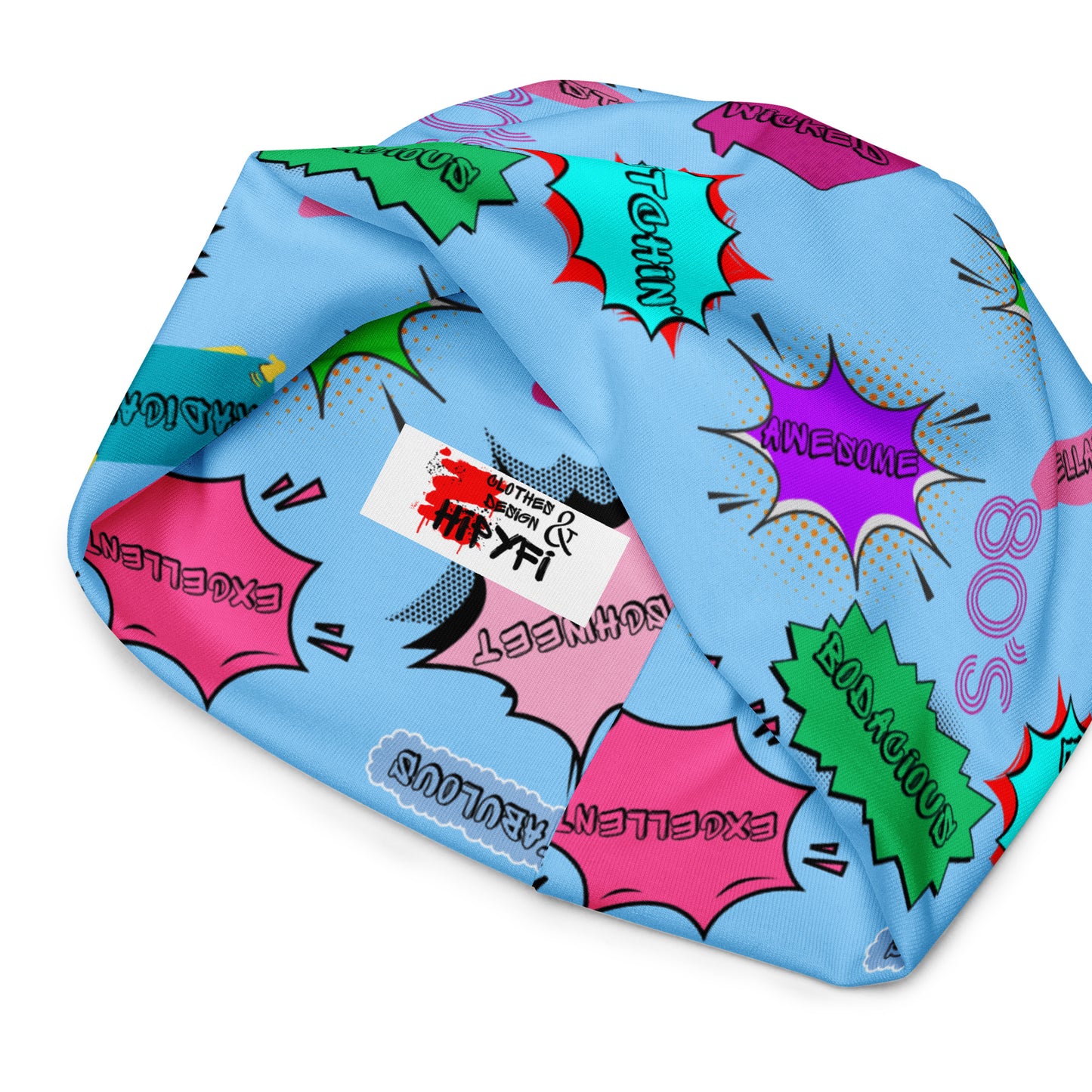 Vintage 80s pop art beanie with retro comic speech bubble design in neon colors by Hipyfi Clothes & Design Inside-7