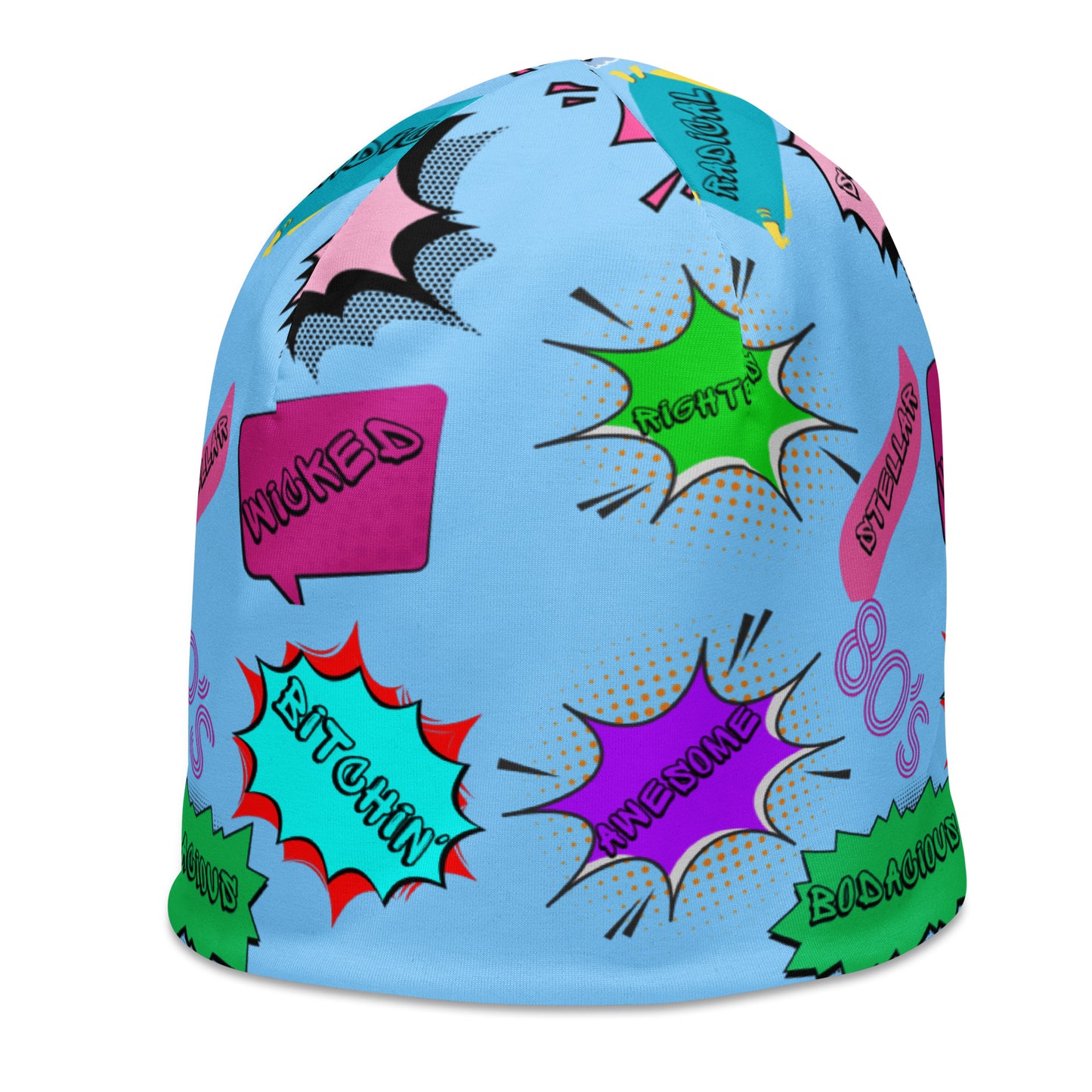 Vintage 80s pop art beanie with retro comic speech bubble design in neon colors by Hipyfi Clothes & Design Left-Front-7