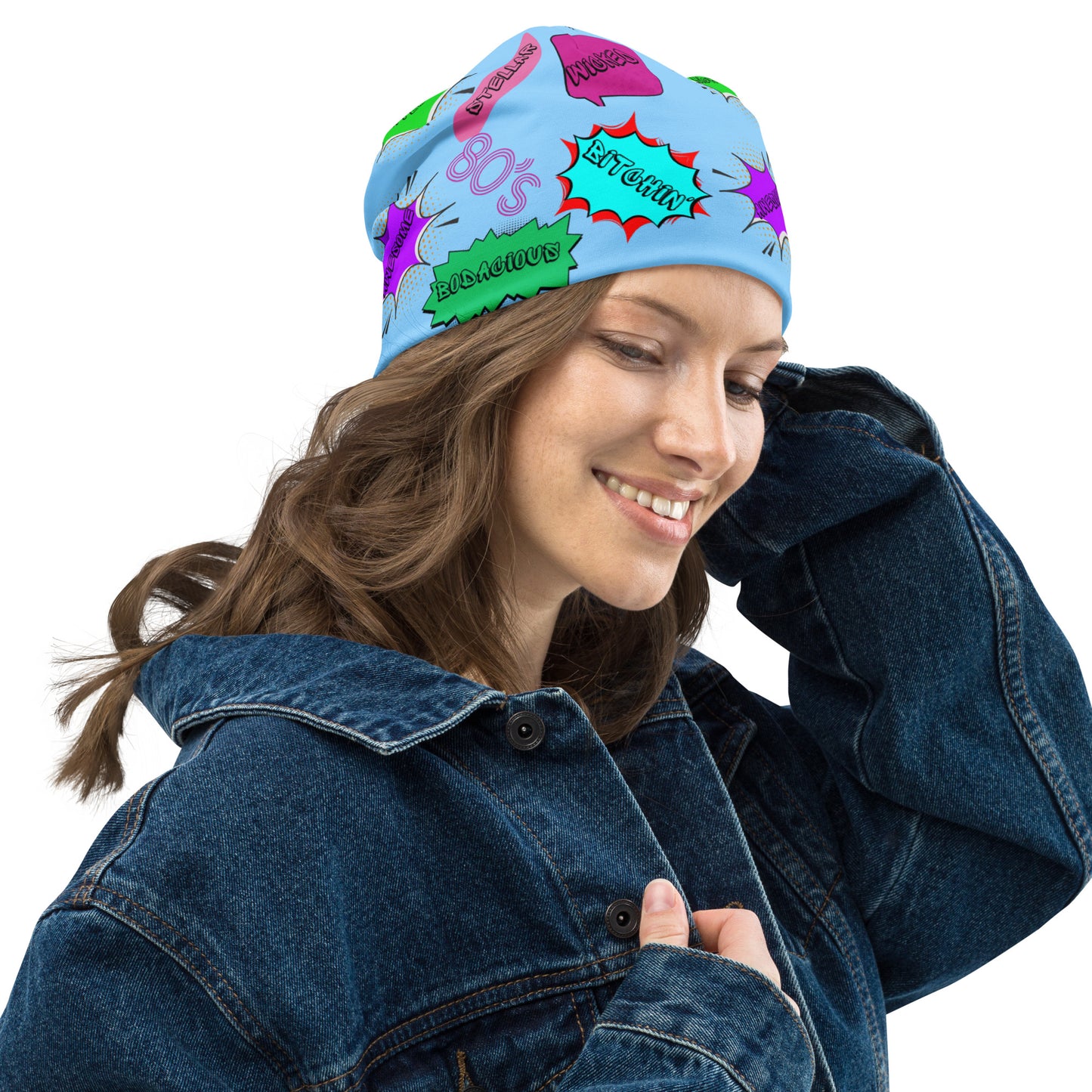 Vintage 80s pop art beanie with retro comic speech bubble design in neon colors by Hipyfi Clothes & Design Right-Front-2