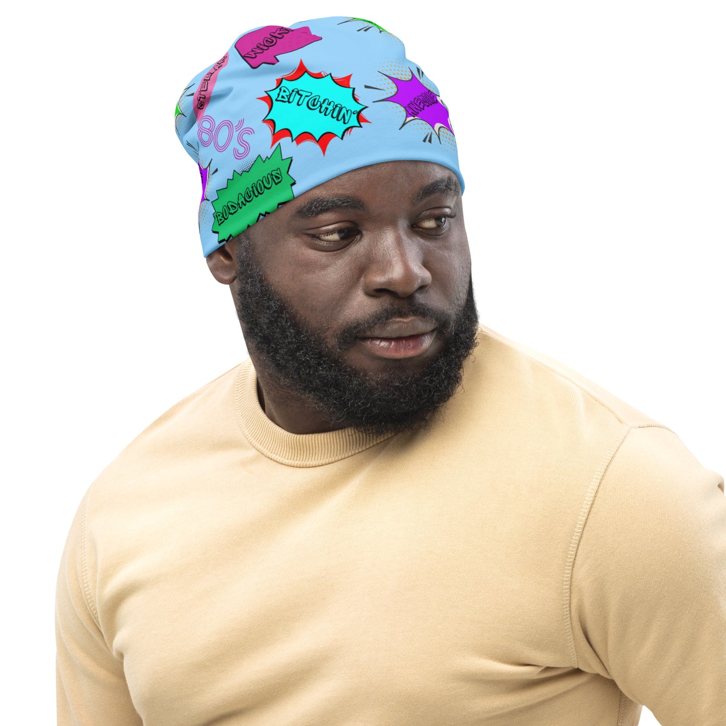 Vintage 80s pop art beanie with retro comic speech bubble design in neon colors by Hipyfi Clothes & Design Right-Front-4