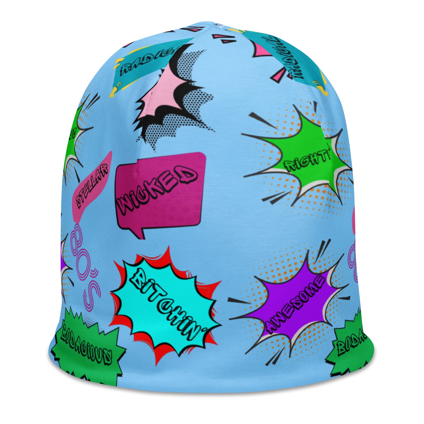 Vintage 80s pop art beanie with retro comic speech bubble design in neon colors by Hipyfi Clothes & Design Right-Front-7