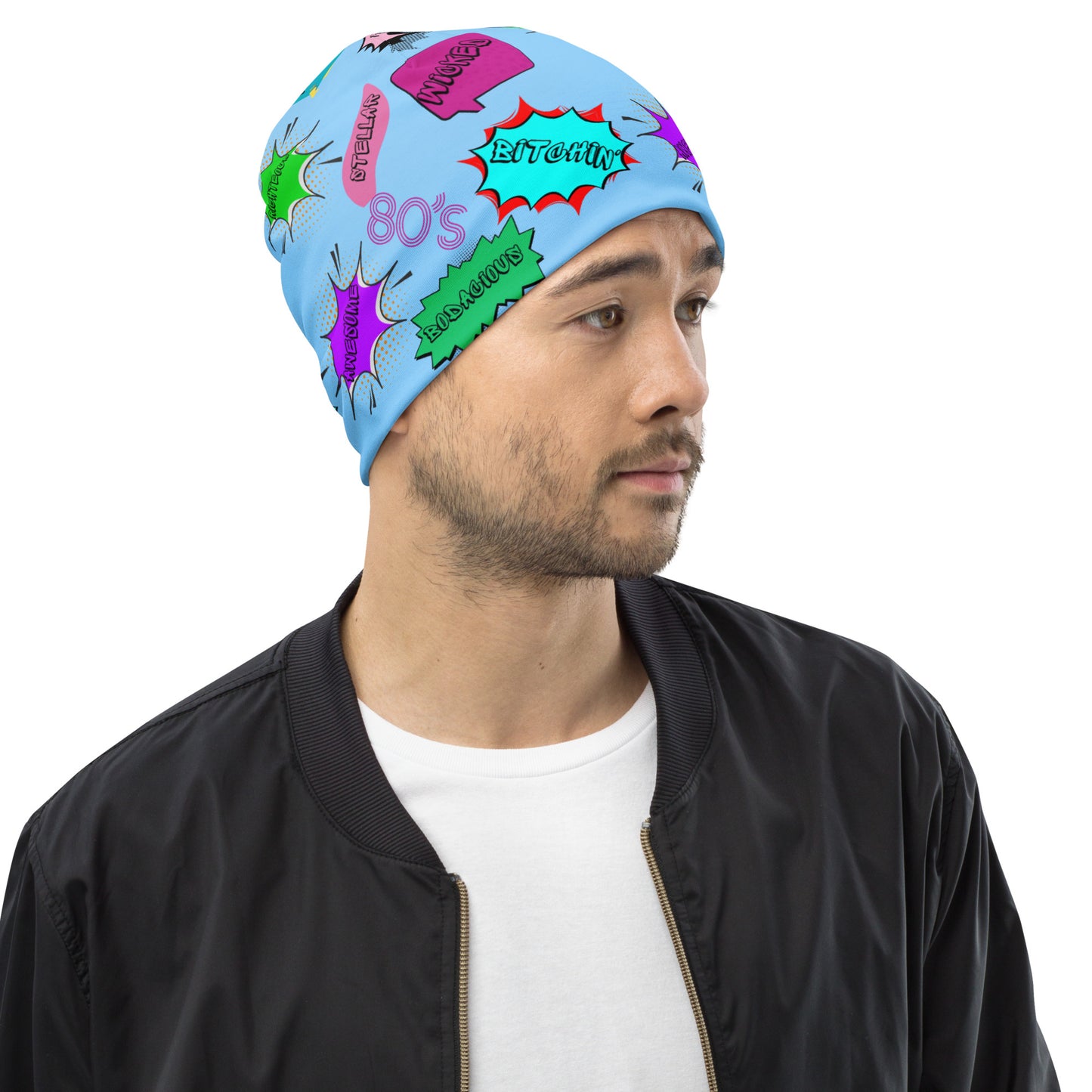Vintage 80s pop art beanie with retro comic speech bubble design in neon colors by Hipyfi Clothes & Design Right-front