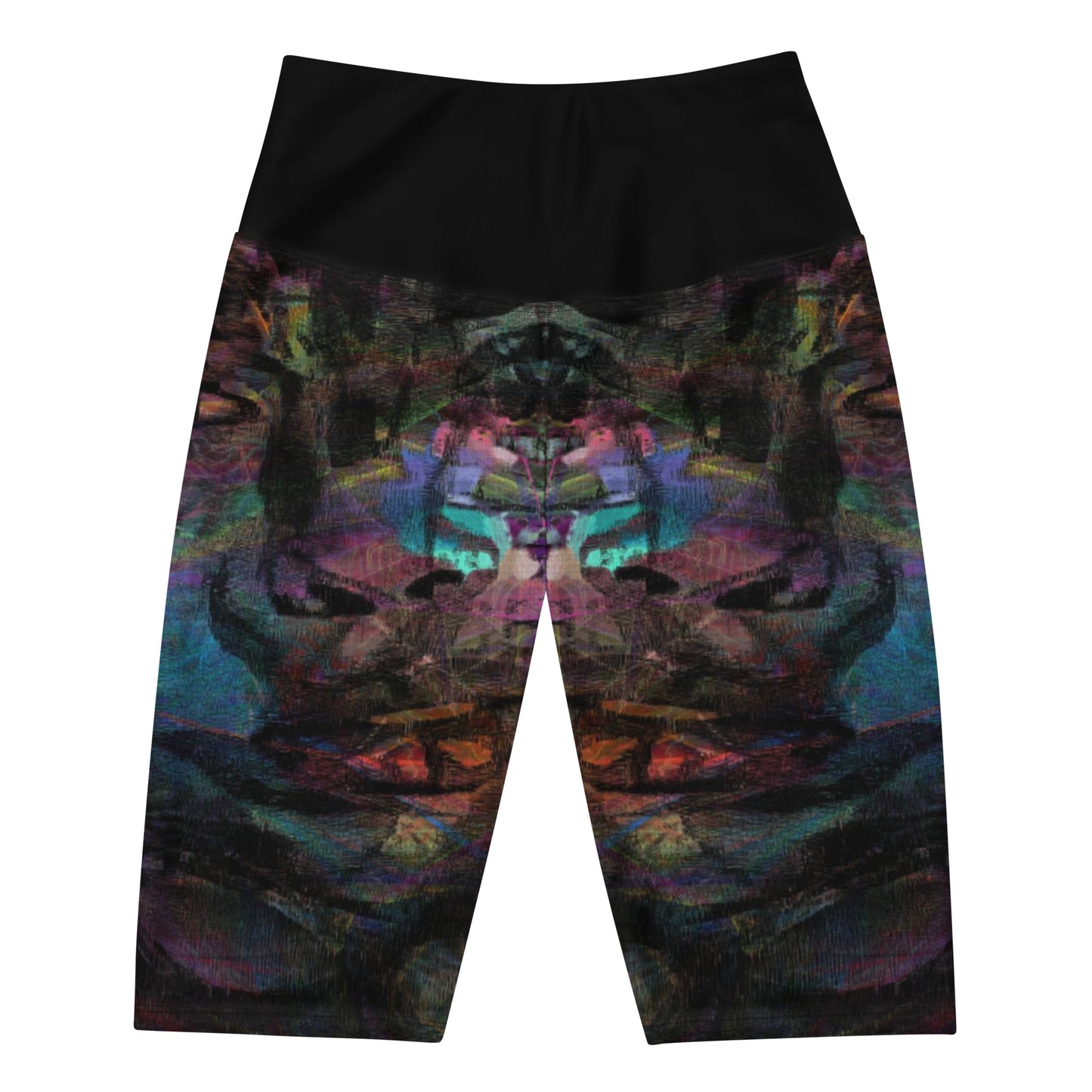 Women's Chromatic Dreams biker shorts with abstract colorful design, high-waisted butt-lifting fit, hidden pocket, made for workouts or streetwear by HipYfi. front