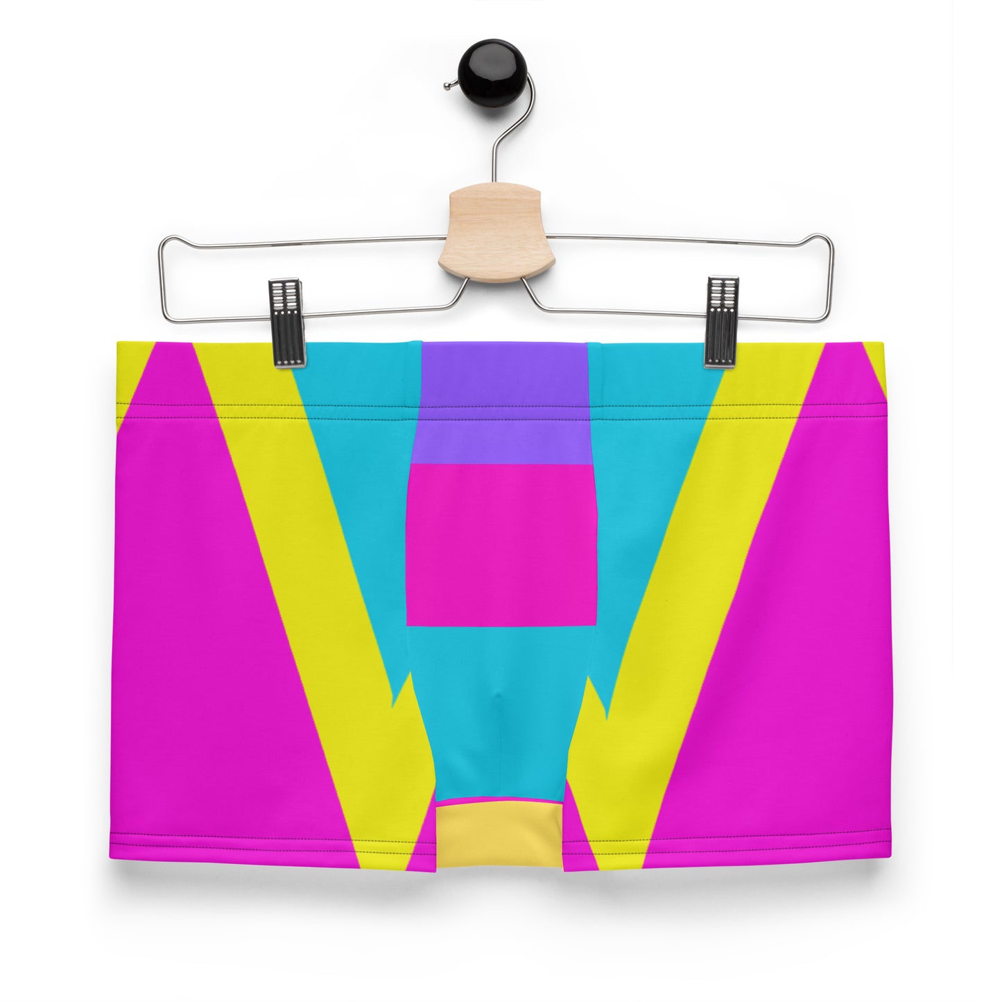 Men’s geometric color block boxer briefs in magenta, yellow, and lavender – Hipyfi Comfort Underwear. Front-2