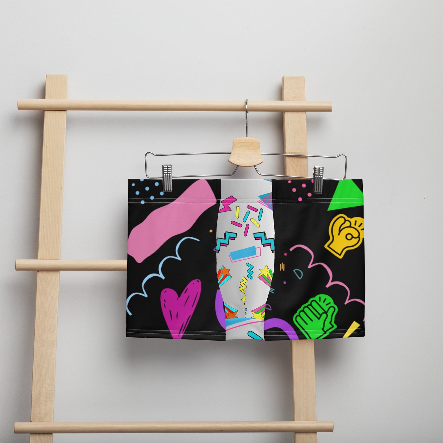 Men’s 80s style boxer briefs with colorful retro Memphis design – Hipyfi Clothes & Design. Front