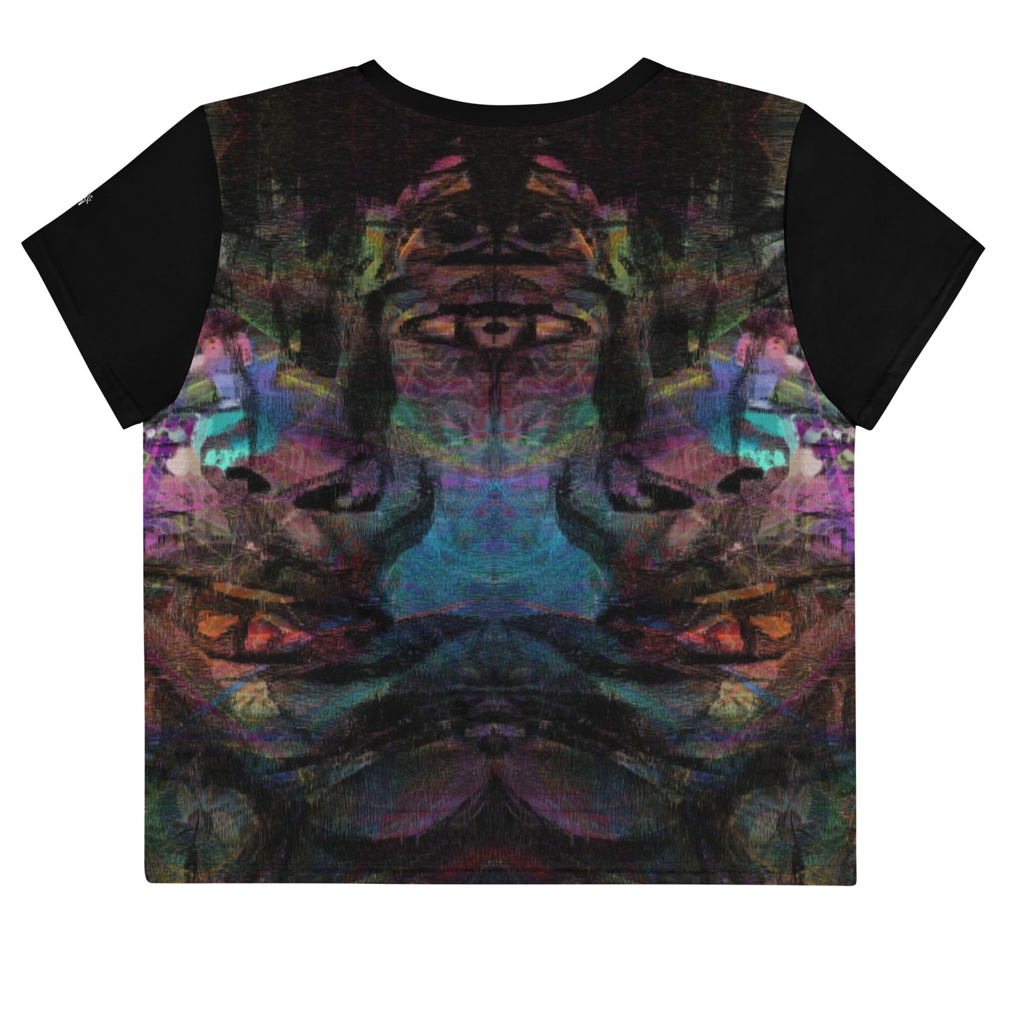 Women's abstract print crop tee with vibrant purple, blue, and orange brushstroke designs, styled with high-waisted jeans – sustainable made-to-order fashion by Hipyfi. back-3