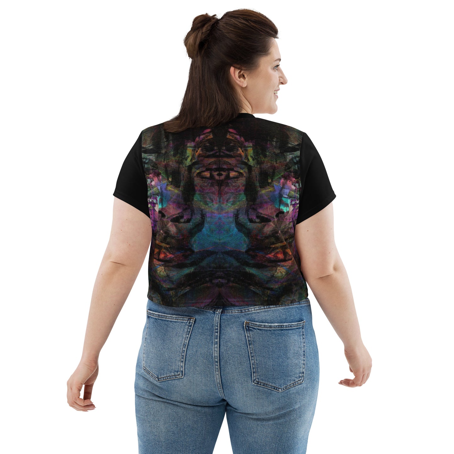 Women's abstract print crop tee with vibrant purple, blue, and orange brushstroke designs, styled with high-waisted jeans – sustainable made-to-order fashion by Hipyfi. back-2