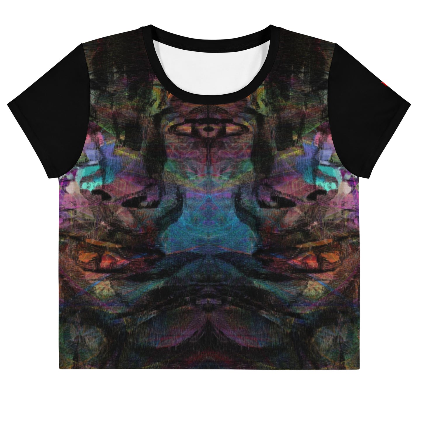 Women's abstract print crop tee with vibrant purple, blue, and orange brushstroke designs, styled with high-waisted jeans – sustainable made-to-order fashion by Hipyfi. front-3