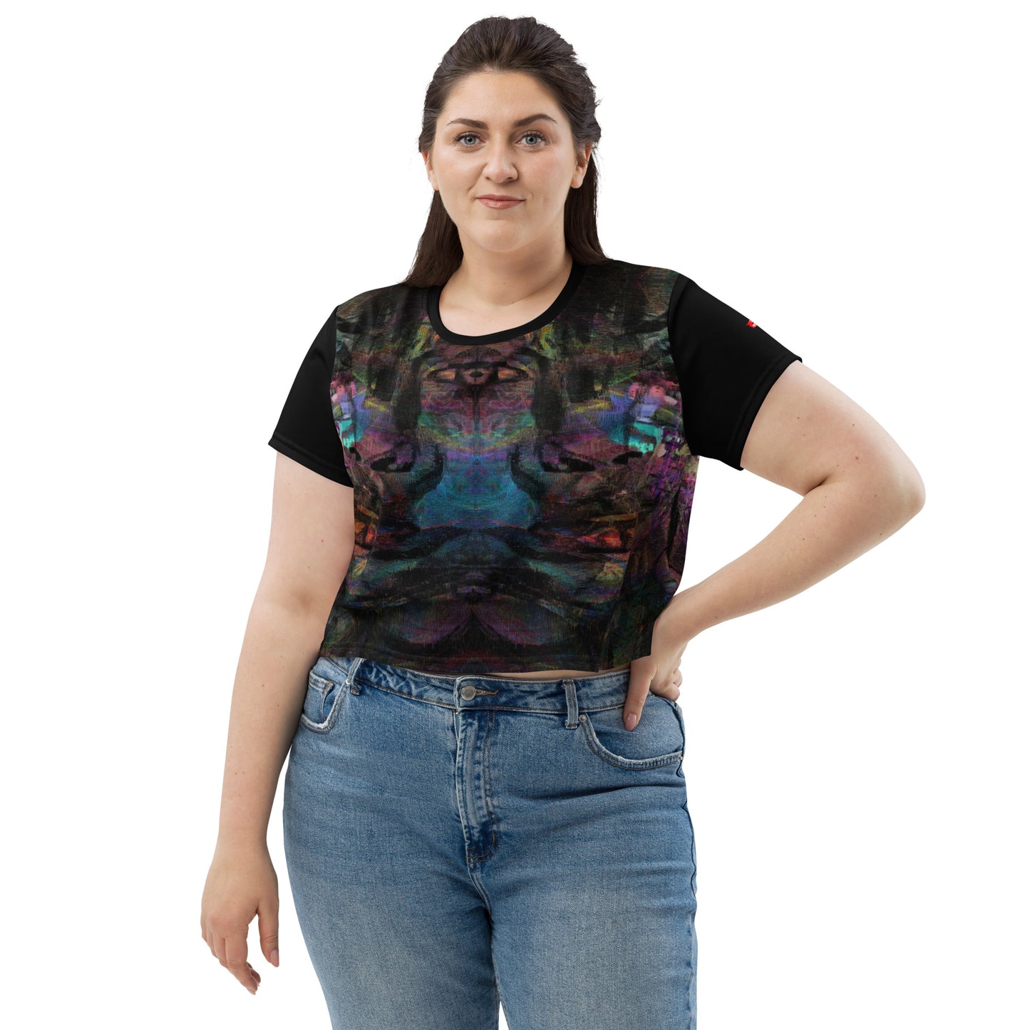 Women's abstract print crop tee with vibrant purple, blue, and orange brushstroke designs, styled with high-waisted jeans – sustainable made-to-order fashion by Hipyfi. front-2