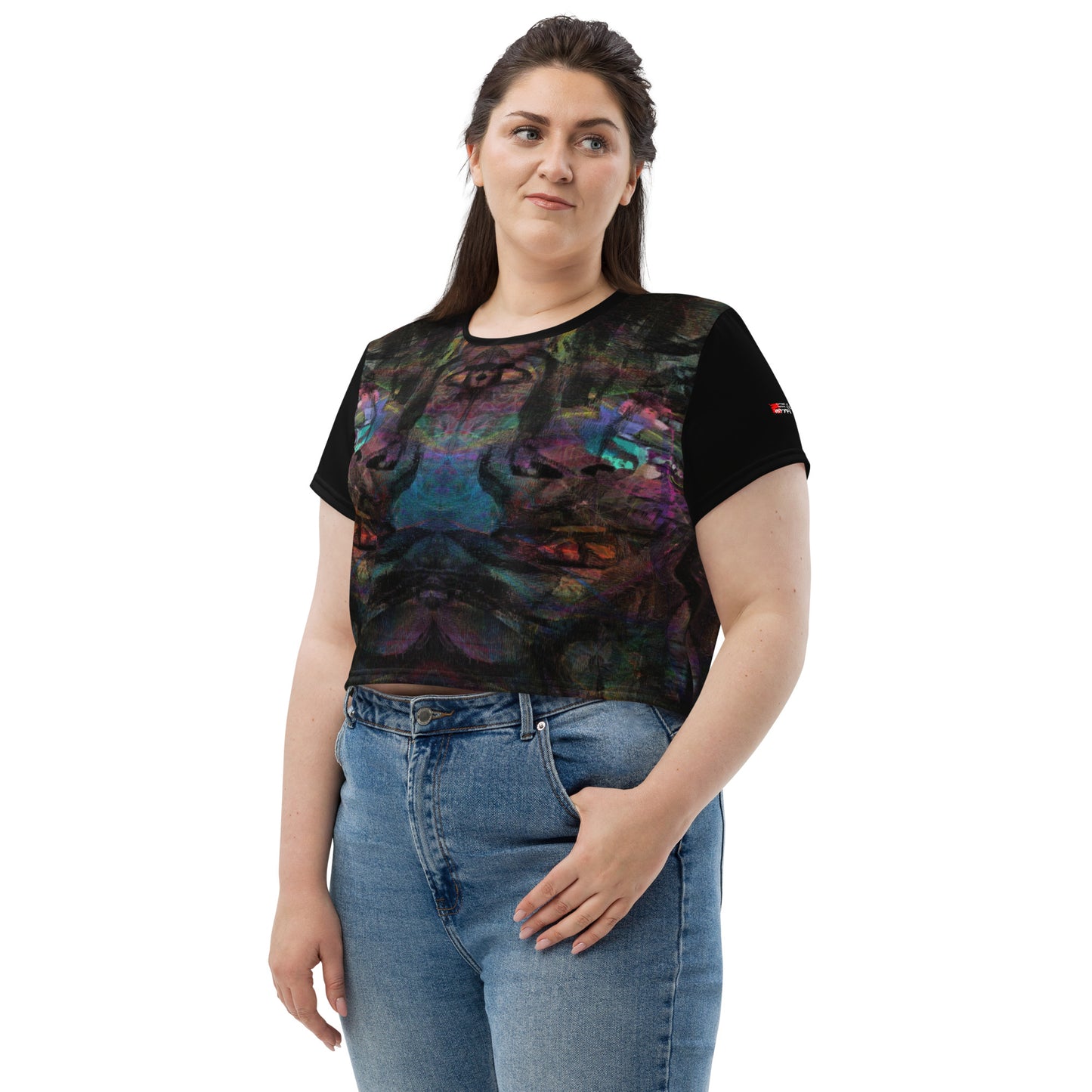 Women's abstract print crop tee with vibrant purple, blue, and orange brushstroke designs, styled with high-waisted jeans – sustainable made-to-order fashion by Hipyfi. left-front-2