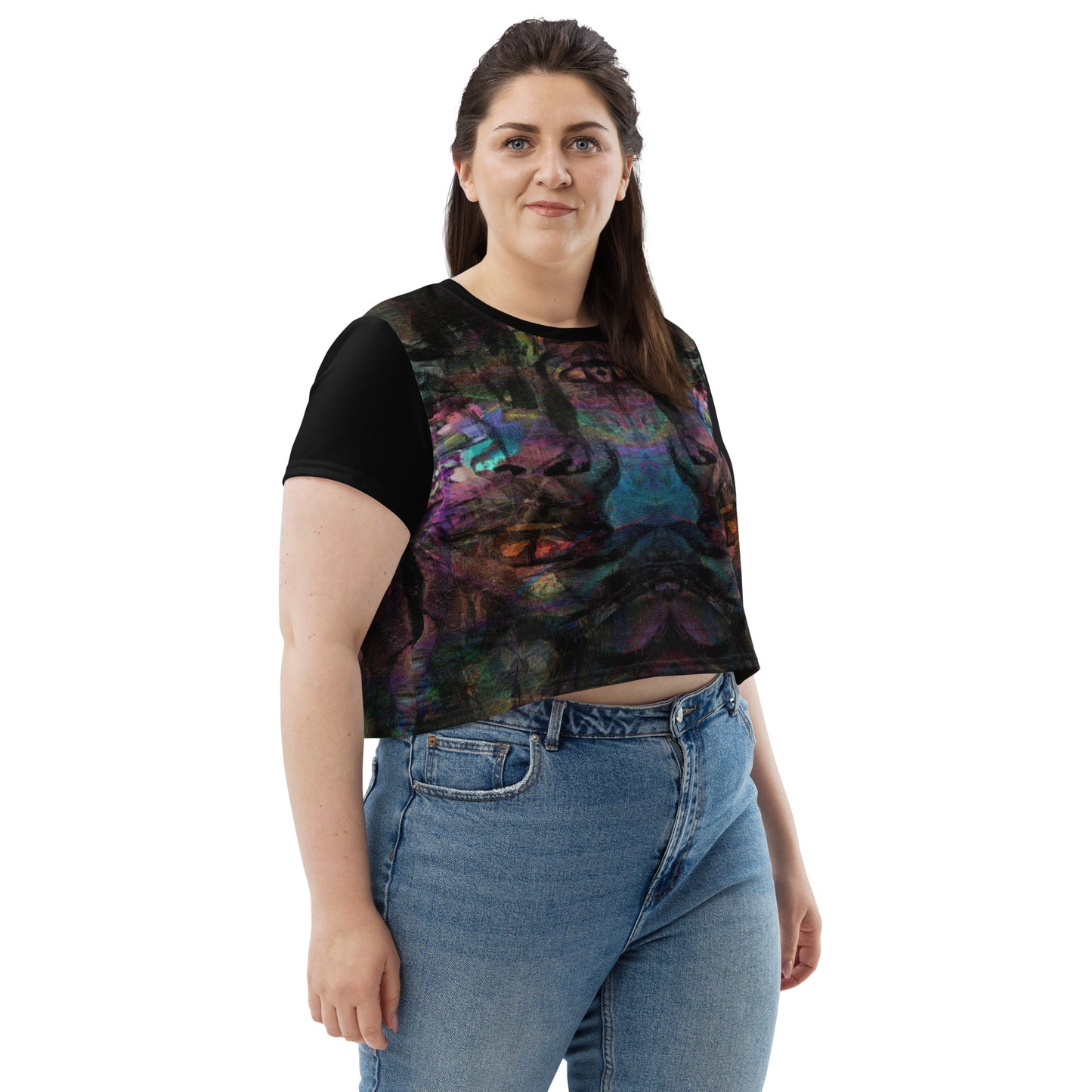 Women's abstract print crop tee with vibrant purple, blue, and orange brushstroke designs, styled with high-waisted jeans – sustainable made-to-order fashion by Hipyfi. right-front-2