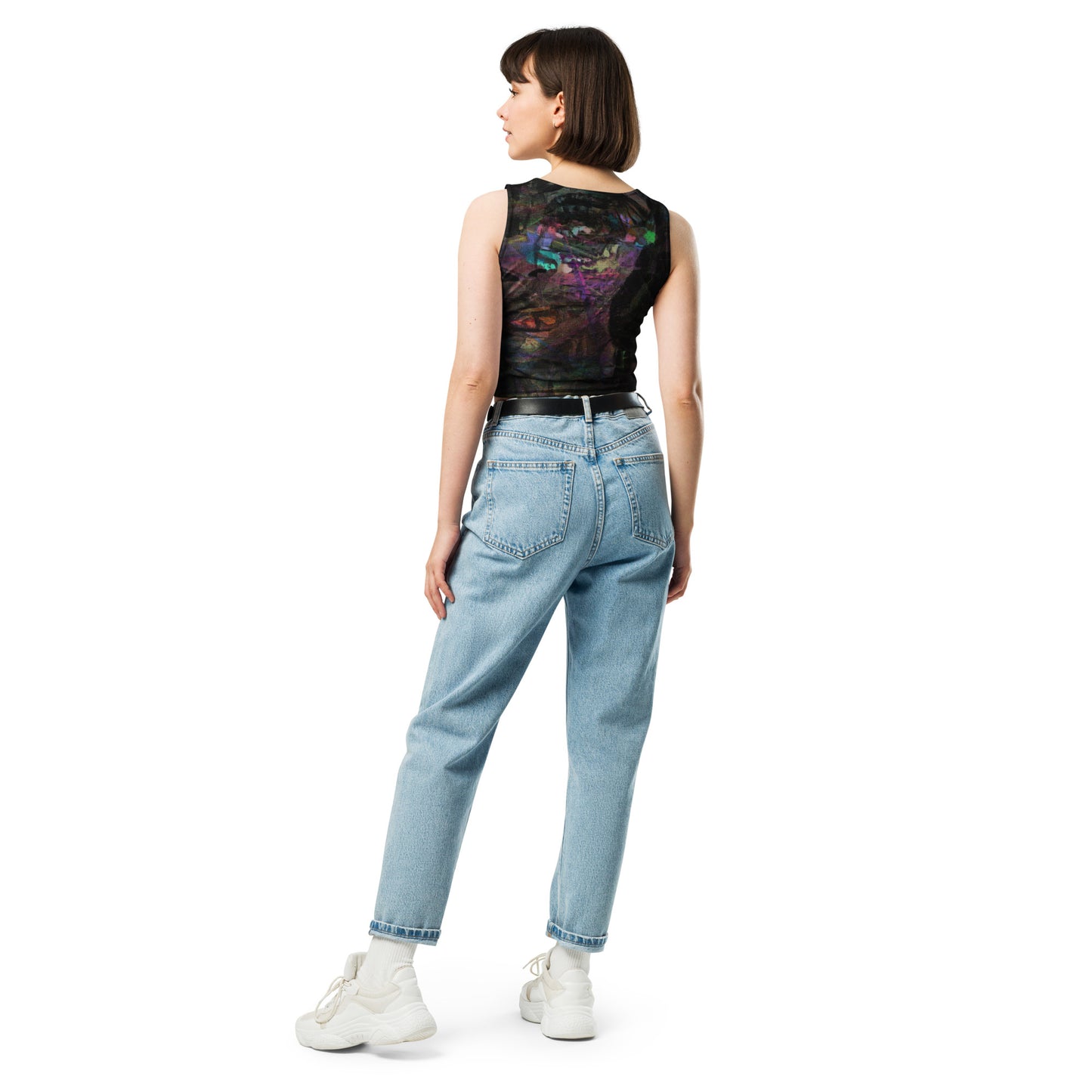 Chromatic Dreams Crop Top with vibrant patterns and abstract art. Features body-hugging fit, four-way stretch fabric, and eco-friendly design by Hipyfi. back-2