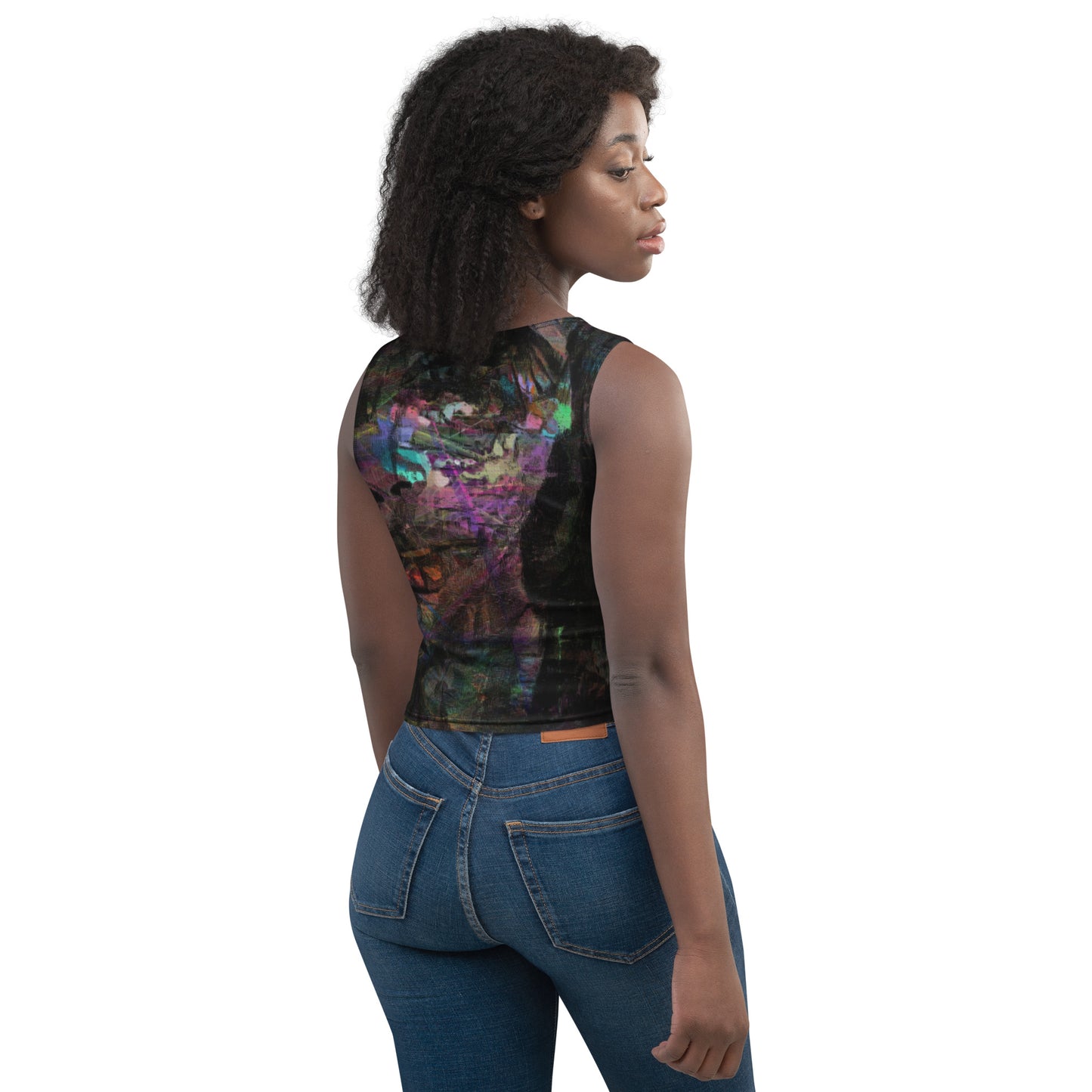 Chromatic Dreams Crop Top with vibrant patterns and abstract art. Features body-hugging fit, four-way stretch fabric, and eco-friendly design by Hipyfi. back-2