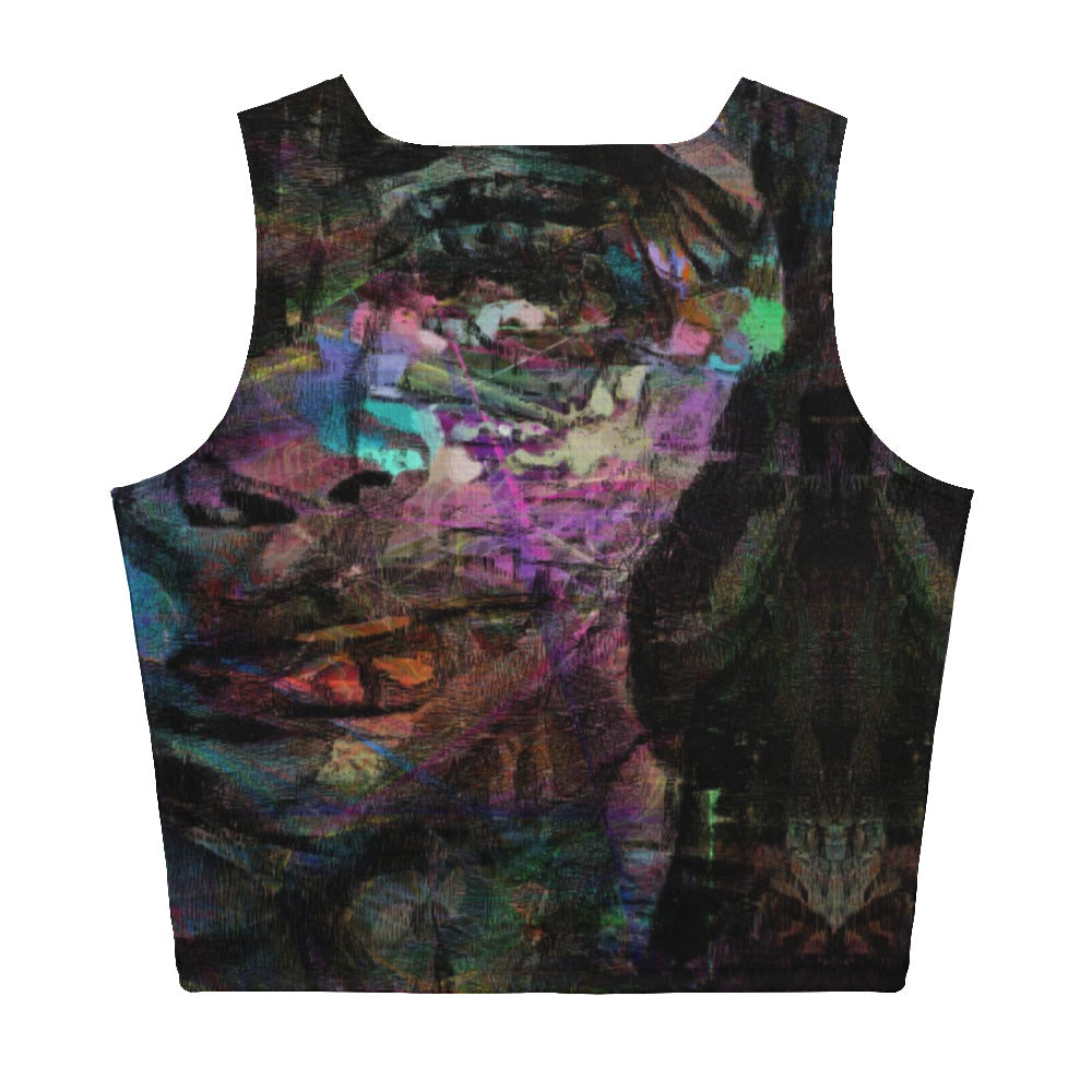 Chromatic Dreams Crop Top with vibrant patterns and abstract art. Features body-hugging fit, four-way stretch fabric, and eco-friendly design by Hipyfi. back-3