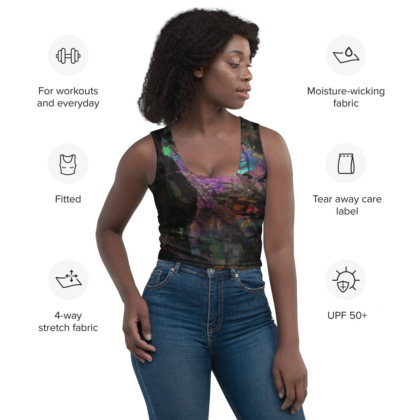 Chromatic Dreams Crop Top with vibrant patterns and abstract art. Features body-hugging fit, four-way stretch fabric, and eco-friendly design by Hipyfi. product-info