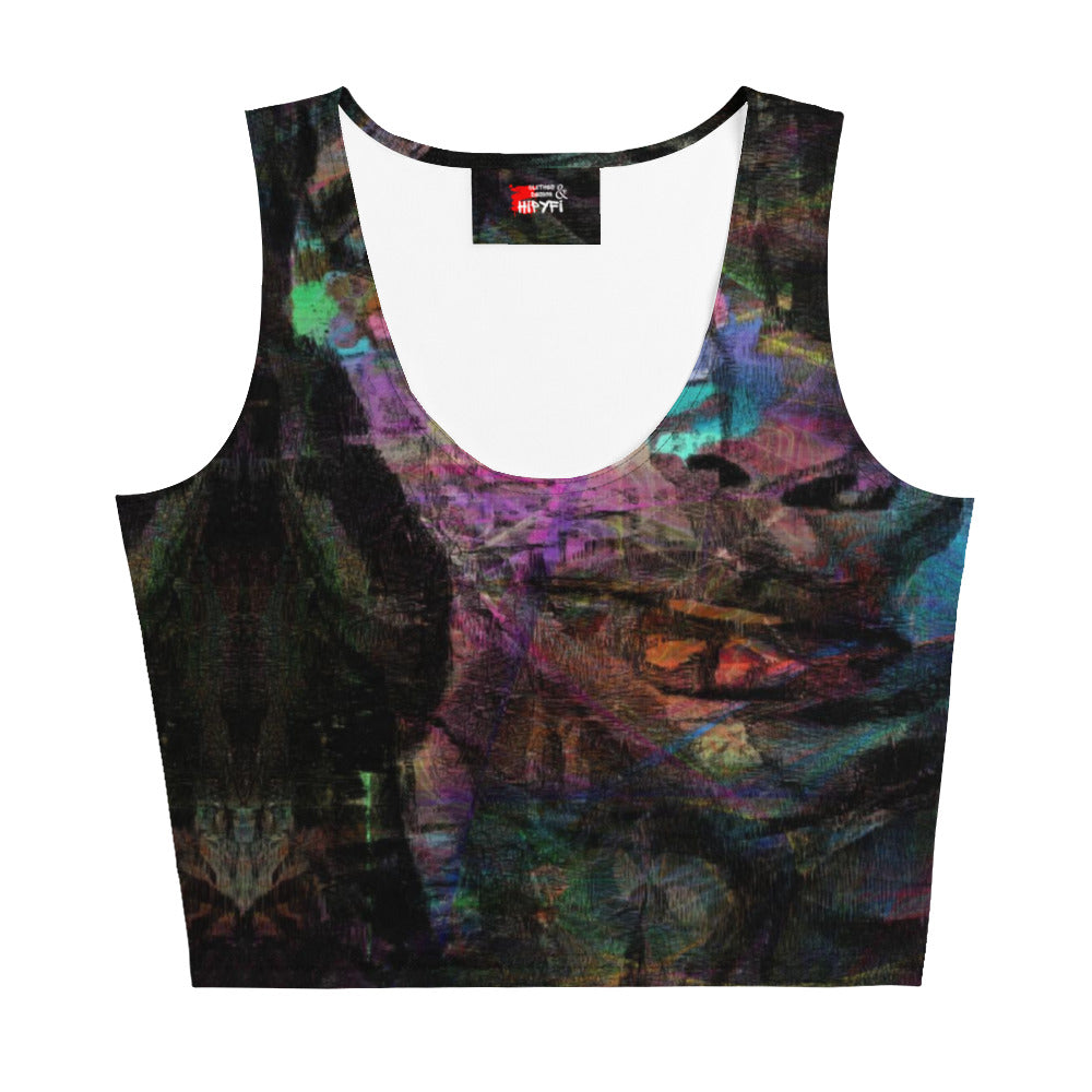 Chromatic Dreams Crop Top with vibrant patterns and abstract art. Features body-hugging fit, four-way stretch fabric, and eco-friendly design by Hipyfi. front-3