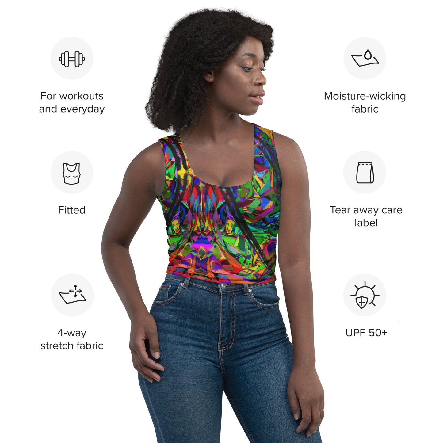 Women's Neon Mythos Abstract Crop Top by Hipyfi – Colorful streetwear with bold multicolor print product-info