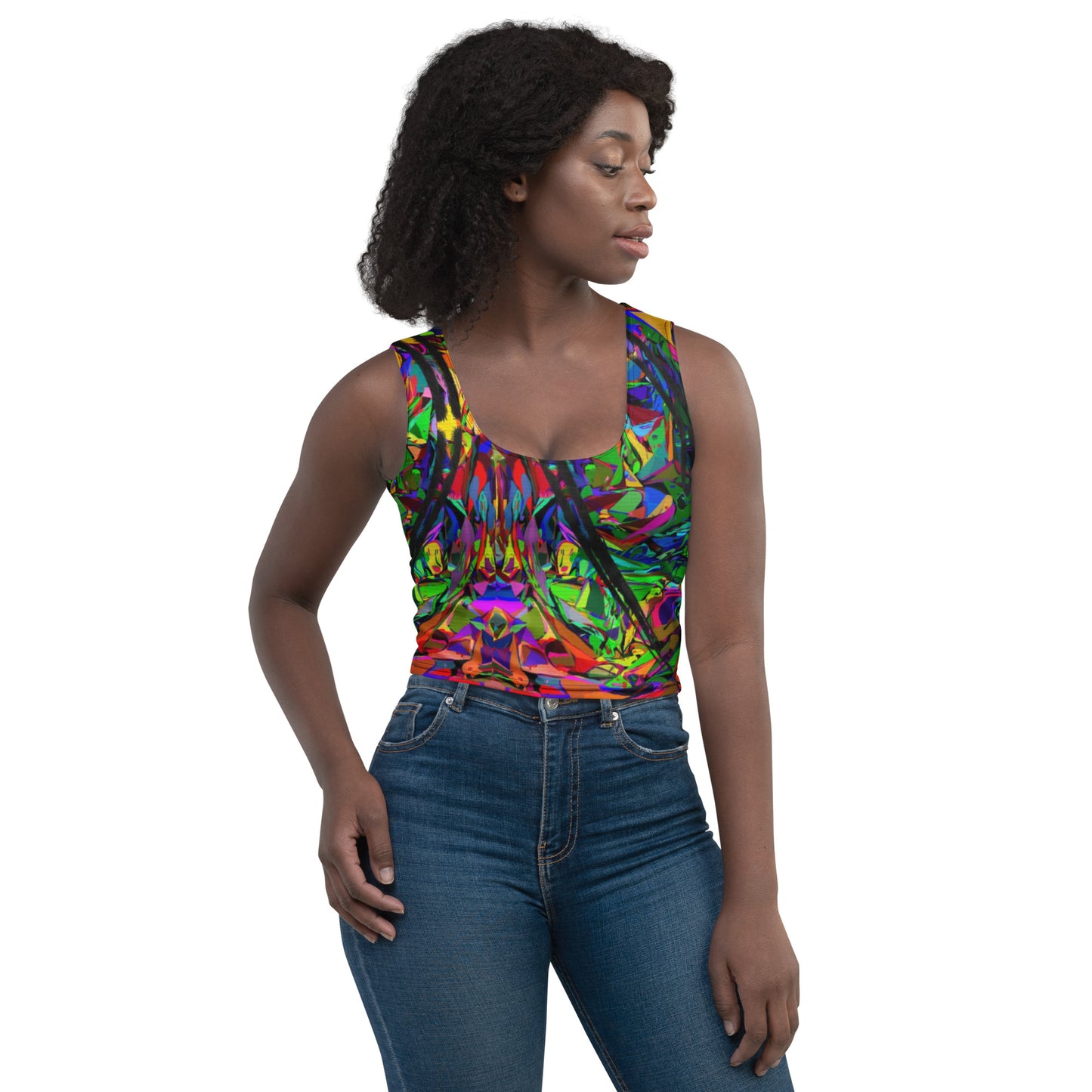 Women's Neon Mythos Abstract Crop Top by Hipyfi – Colorful streetwear with bold multicolor print Front-3