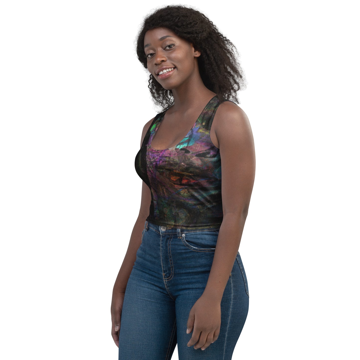 Chromatic Dreams Crop Top with vibrant patterns and abstract art. Features body-hugging fit, four-way stretch fabric, and eco-friendly design by Hipyfi. left-front-2