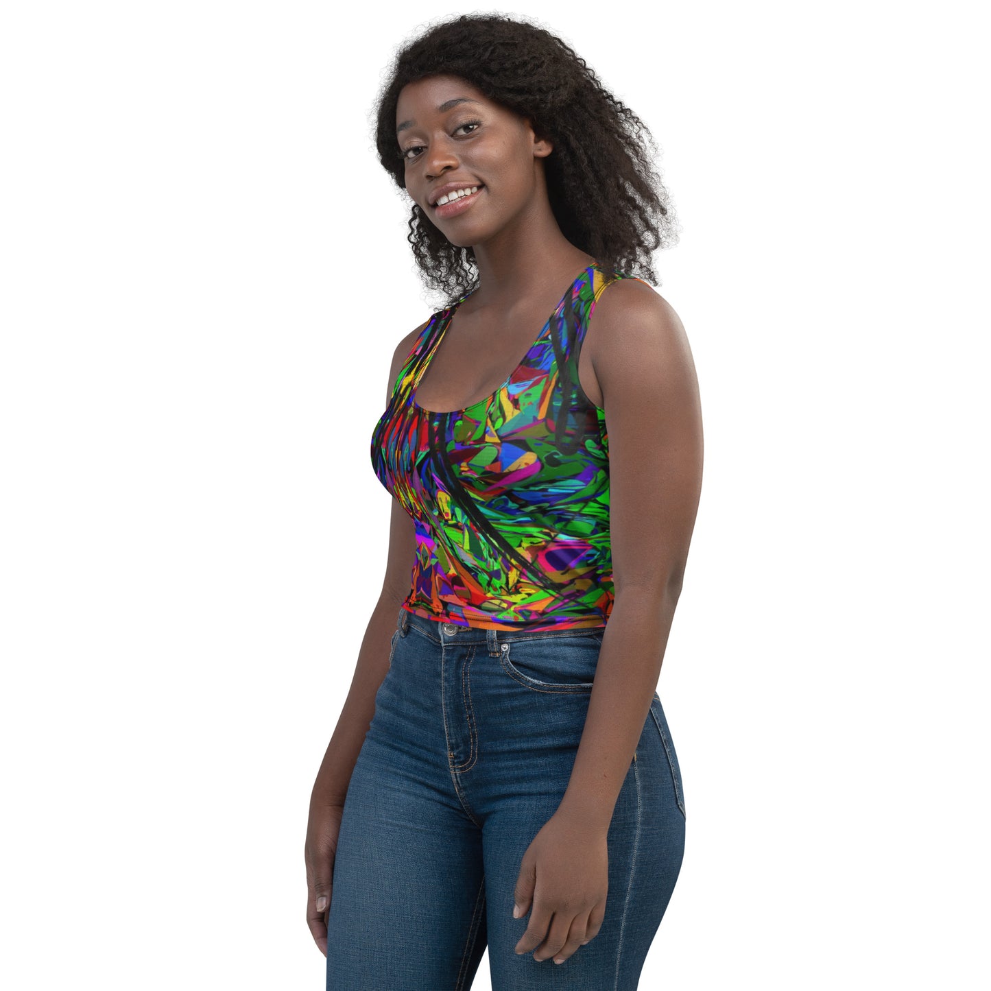 Women's Neon Mythos Abstract Crop Top by Hipyfi – Colorful streetwear with bold multicolor print Left-Front-3