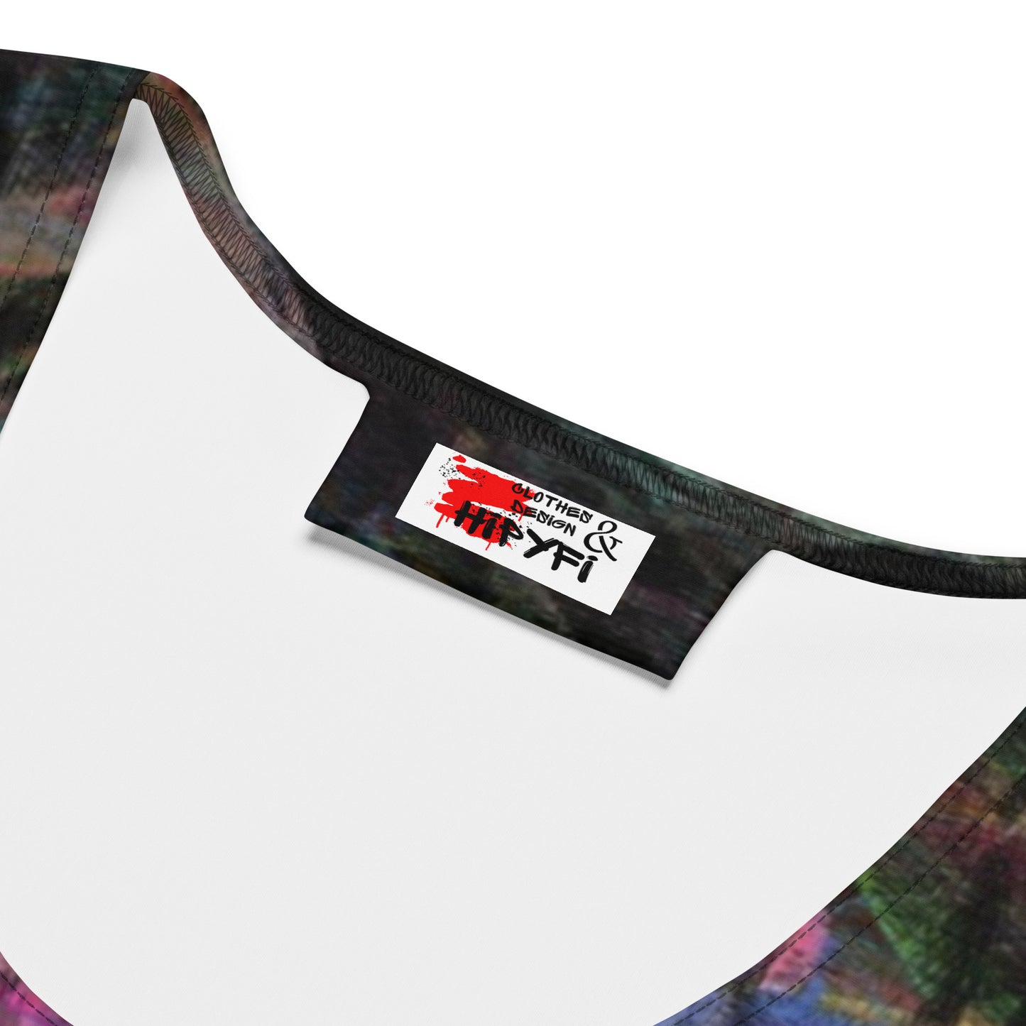 Chromatic Dreams Crop Top with vibrant patterns and abstract art. Features body-hugging fit, four-way stretch fabric, and eco-friendly design by Hipyfi. product-details