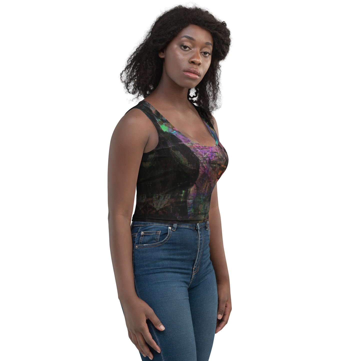 Chromatic Dreams Crop Top with vibrant patterns and abstract art. Features body-hugging fit, four-way stretch fabric, and eco-friendly design by Hipyfi. right-front-2