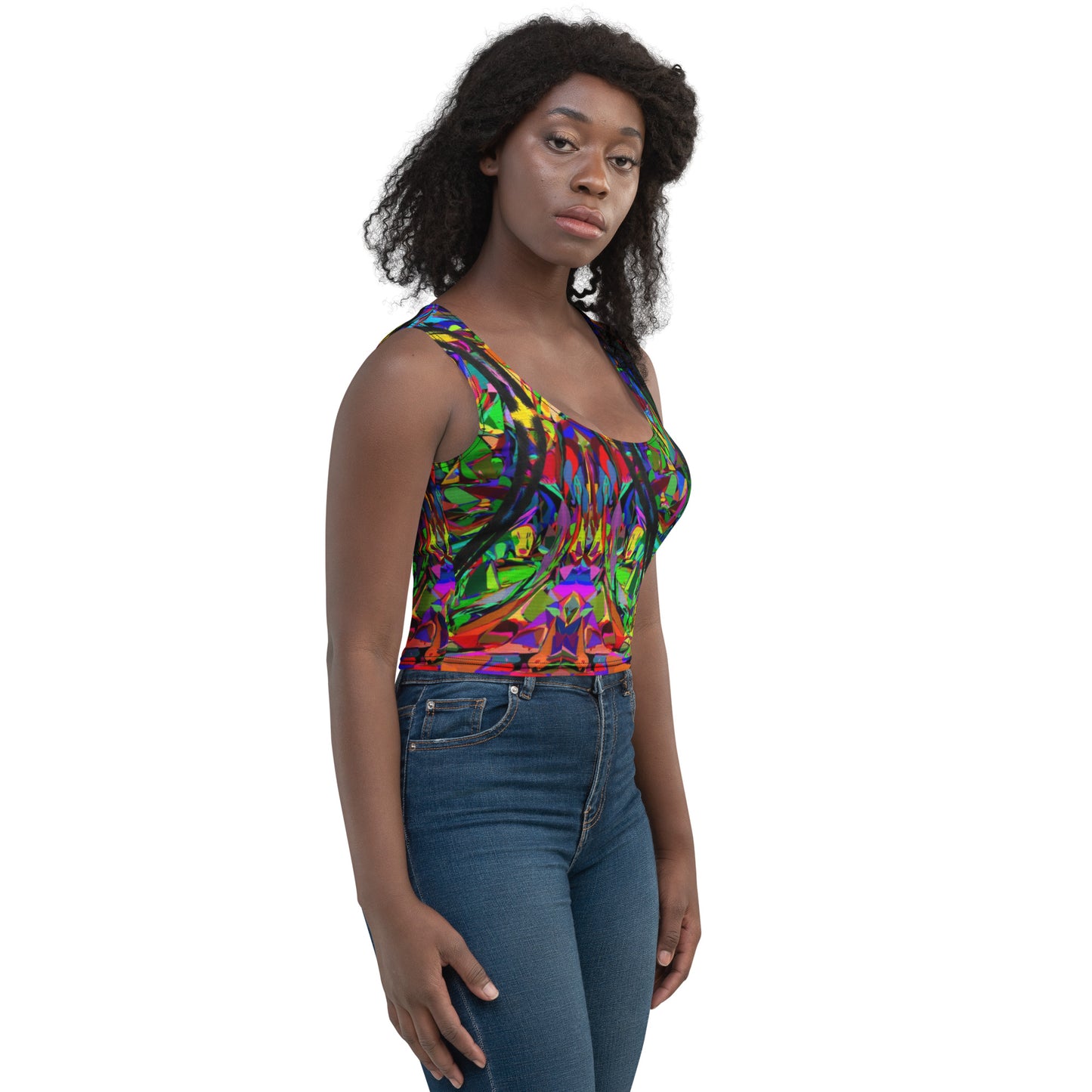 Women's Neon Mythos Abstract Crop Top by Hipyfi – Colorful streetwear with bold multicolor print Right-Front-3