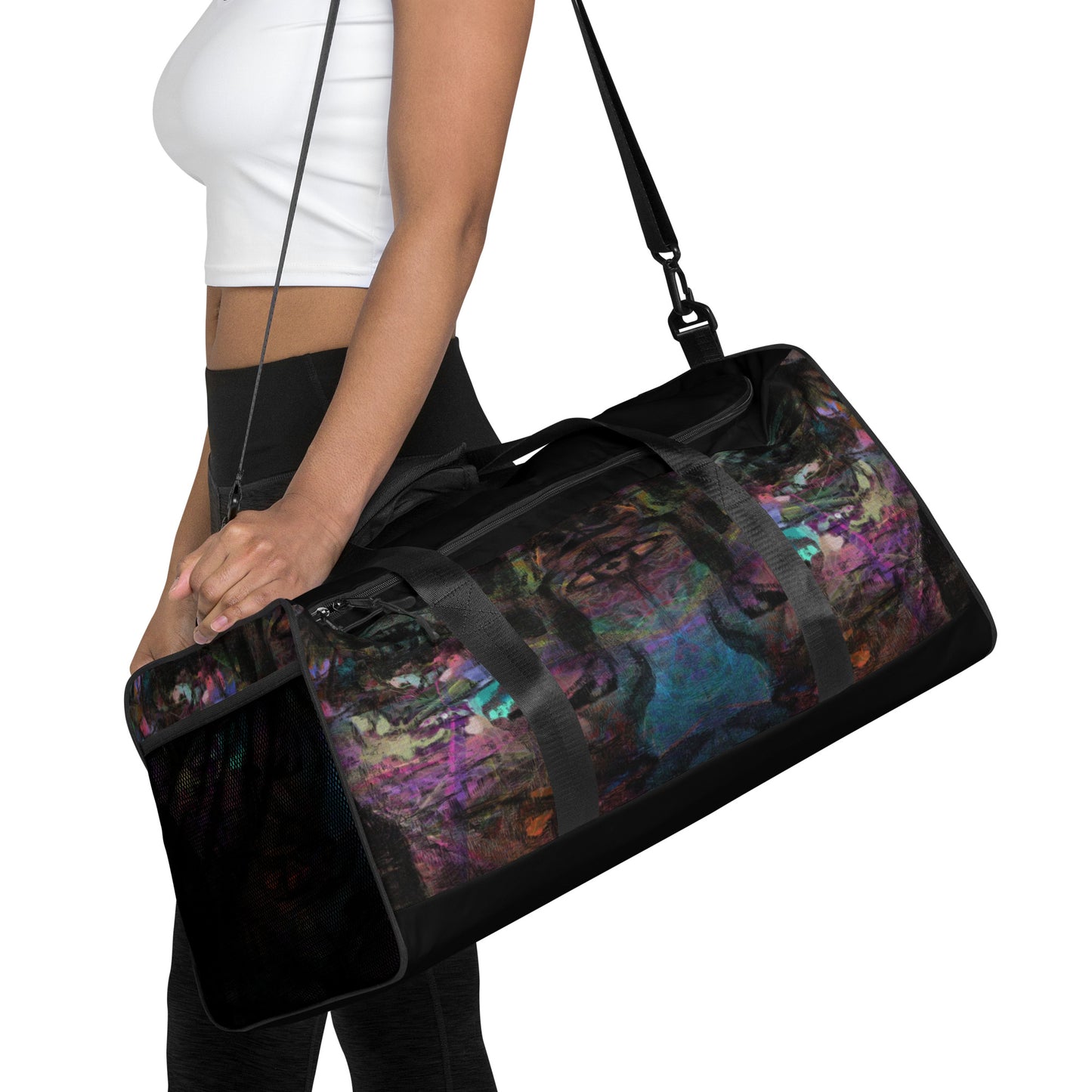 Hipyfi Chromatic Dreams Duffle Bag with bold multicolor abstract all-over print, ideal for gym and travel. Girl front