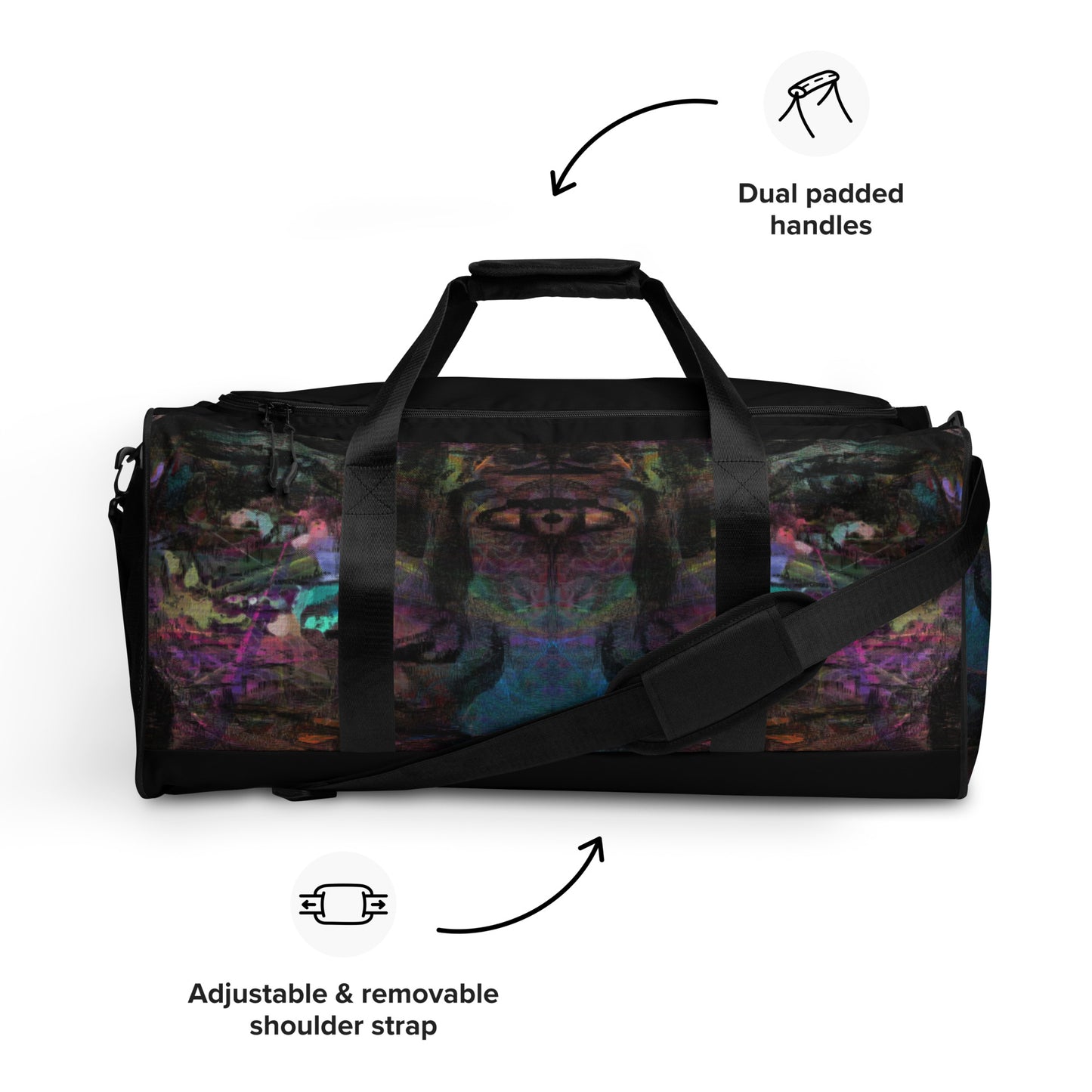 Hipyfi Chromatic Dreams Duffle Bag with bold multicolor abstract all-over print, ideal for gym and travel. Product-info