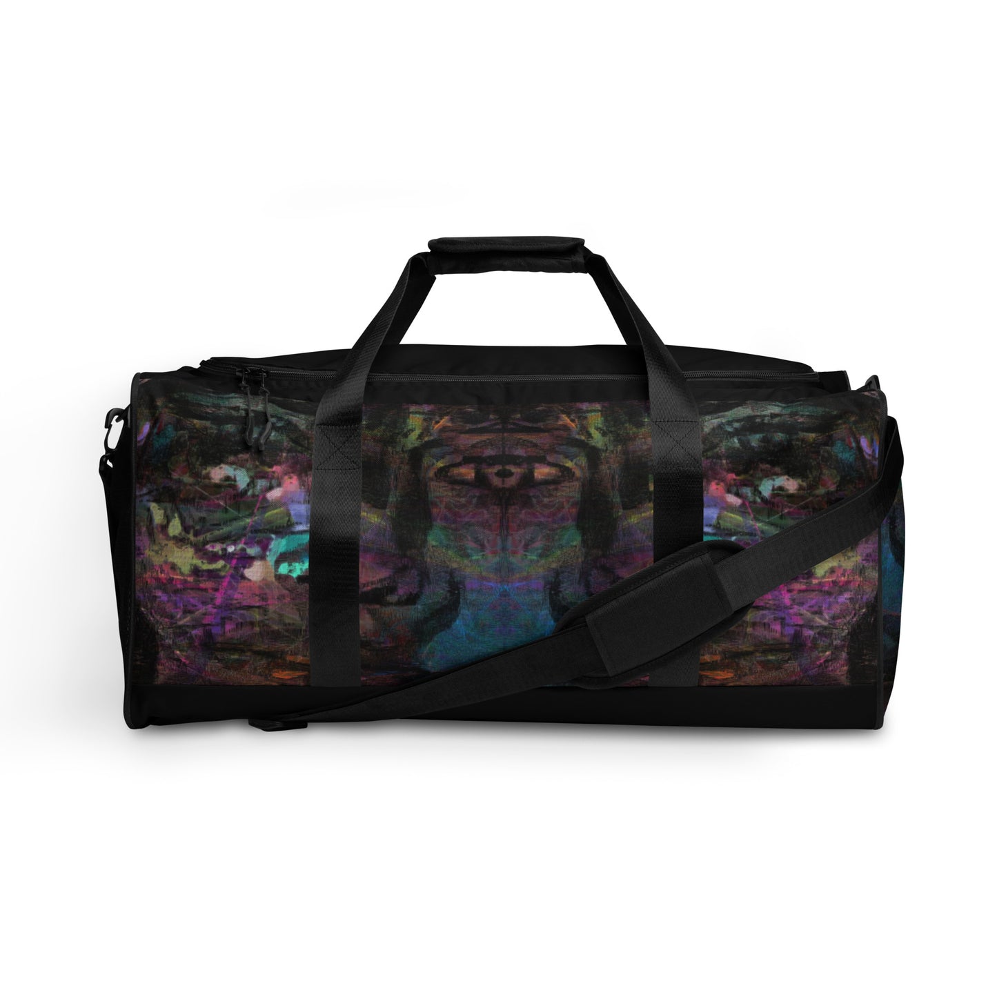 Hipyfi Chromatic Dreams Duffle Bag with bold multicolor abstract all-over print, ideal for gym and travel. front