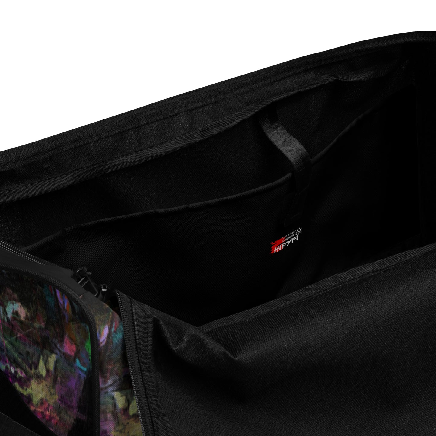 Hipyfi Chromatic Dreams Duffle Bag with bold multicolor abstract all-over print, ideal for gym and travel. inside-pocket